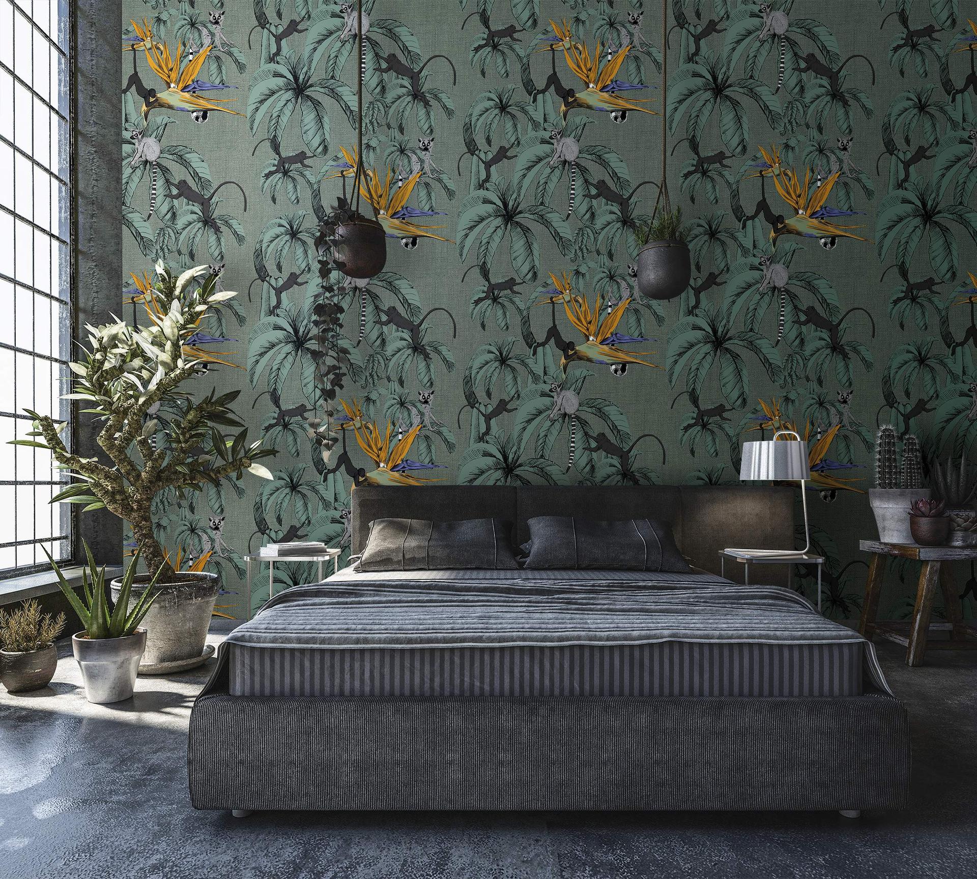 Fototapet med aber og planter, grøn illustration 2.70 x 2.12 m