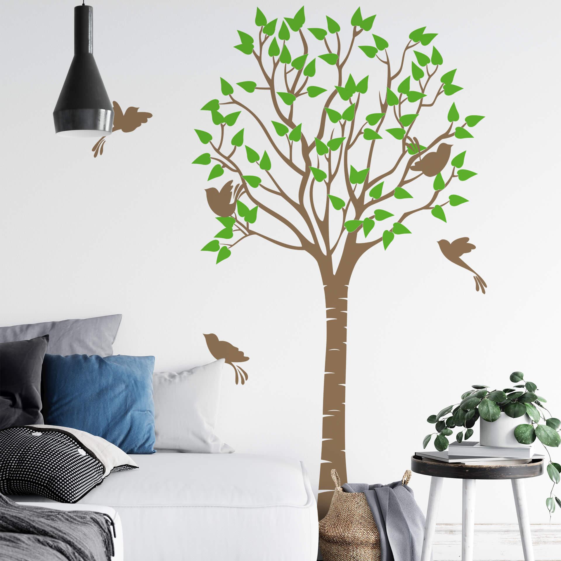 Sticker mural bicolore - Arbre fin aux oiseaux