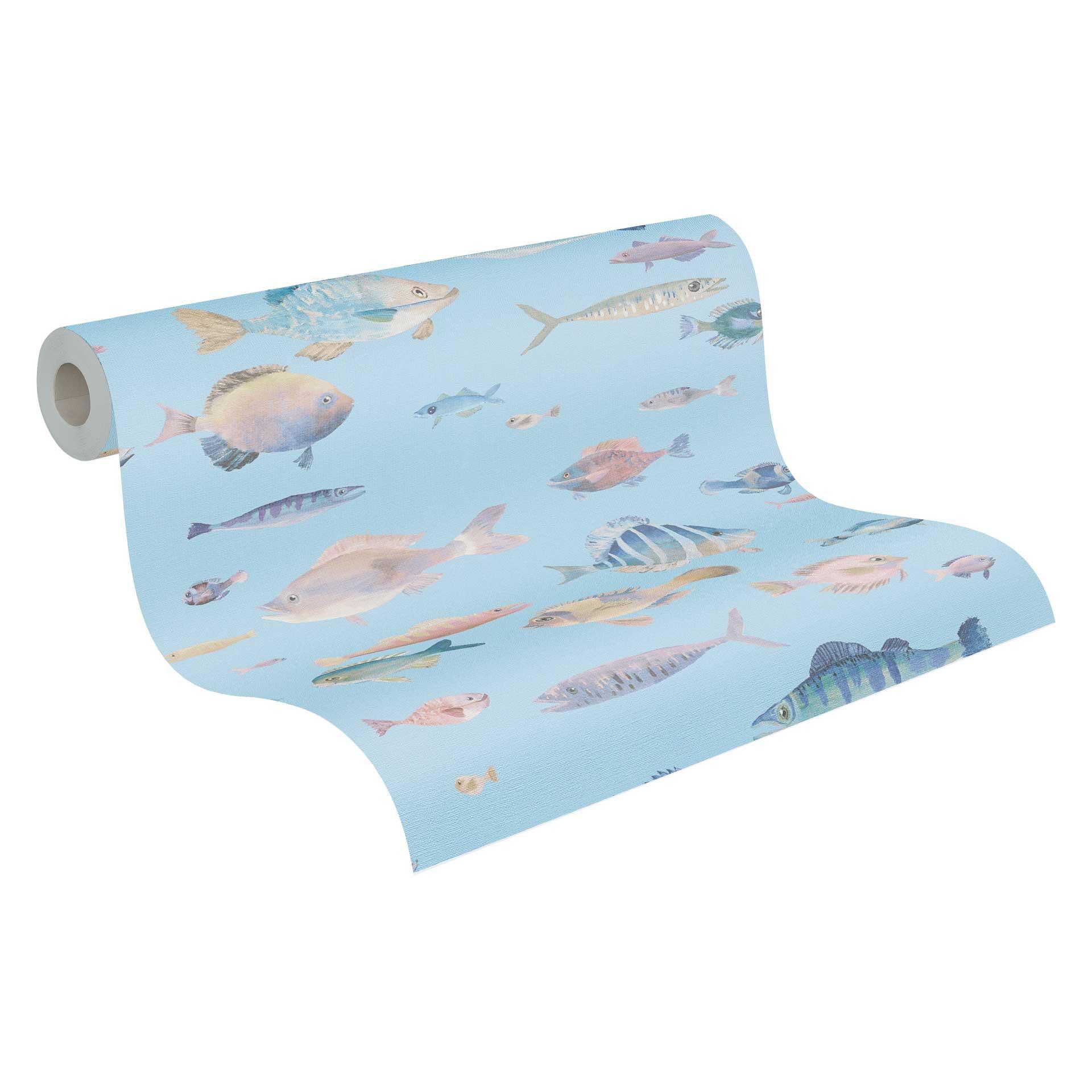 Maritiem behang vis lichtblauw - Vliesbehang met onderwatermotief - behang voor kinderen