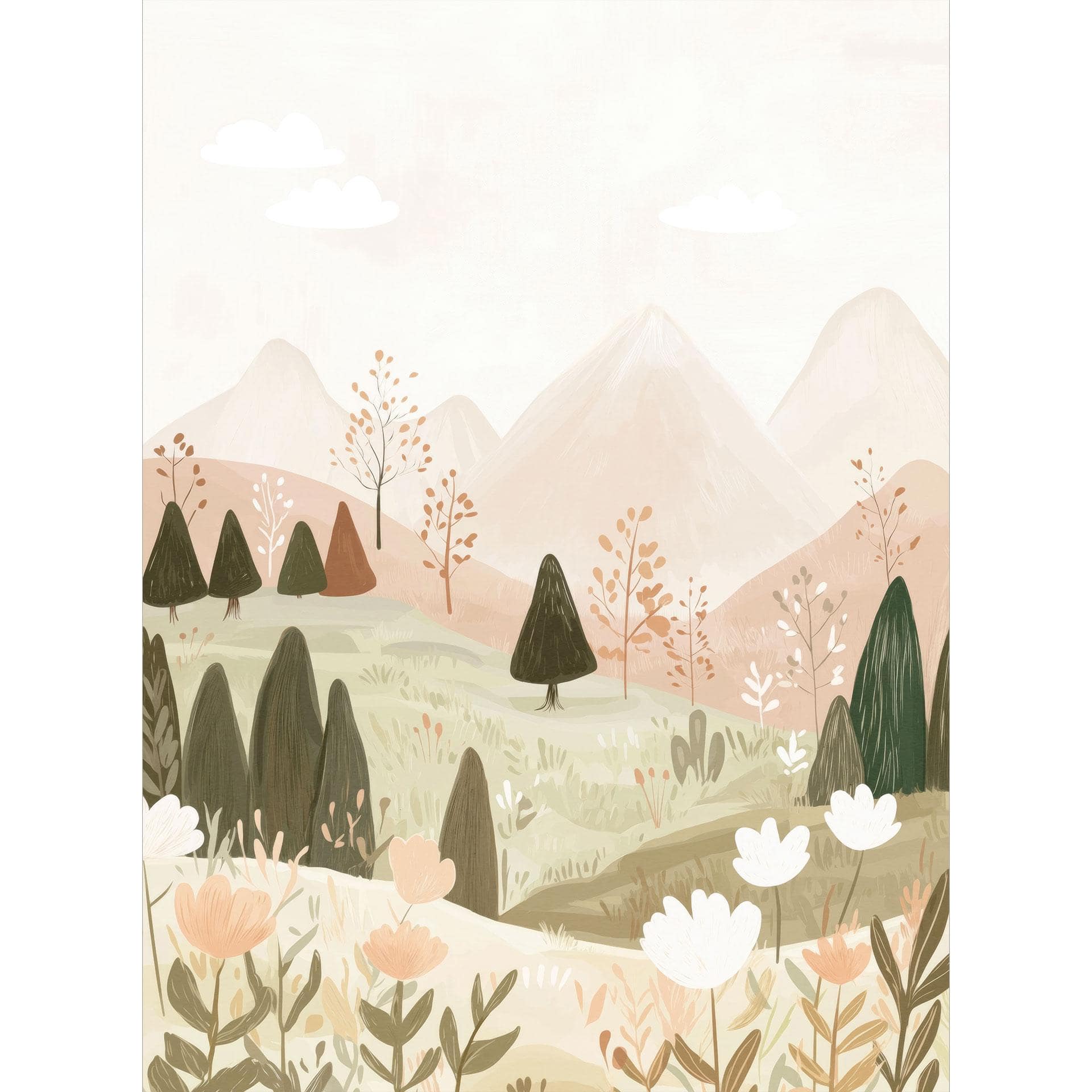 Kinderkamer Fotobehang pastel berglandschap met bloemen - Treechild