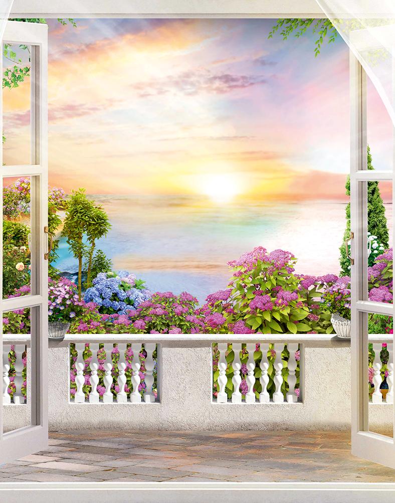 Fototapet solnedgang, balkon grafisk natur mat i grå 2,70 x 2,12m