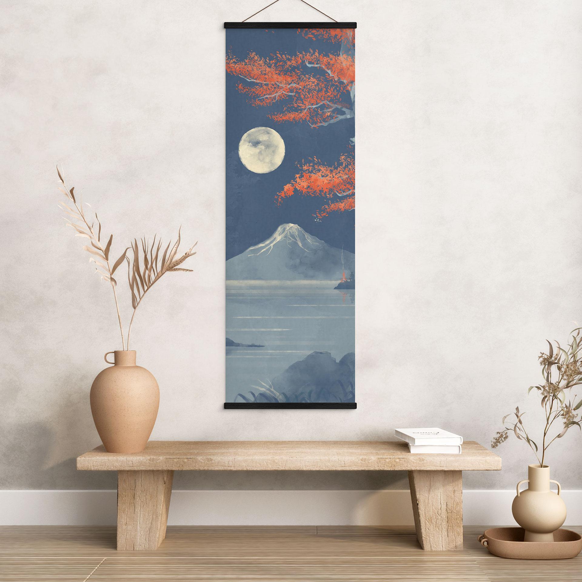 Póster de tela Luna llena sobre la cima del Fuji-san - Roze - Panorama