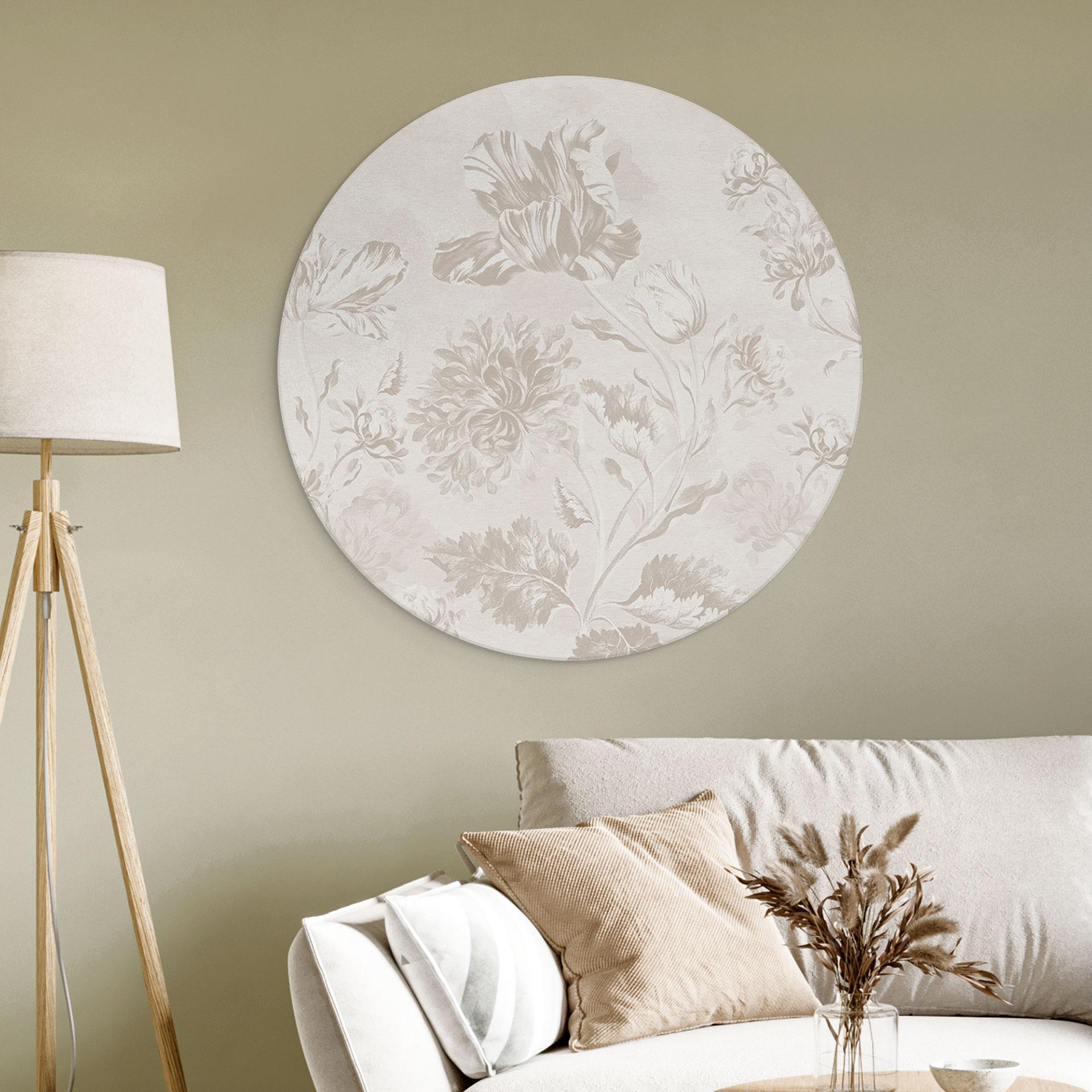 Billede af vilde blomster i kridtlook Greige - Bloomery Decor - rund – print på aluminium