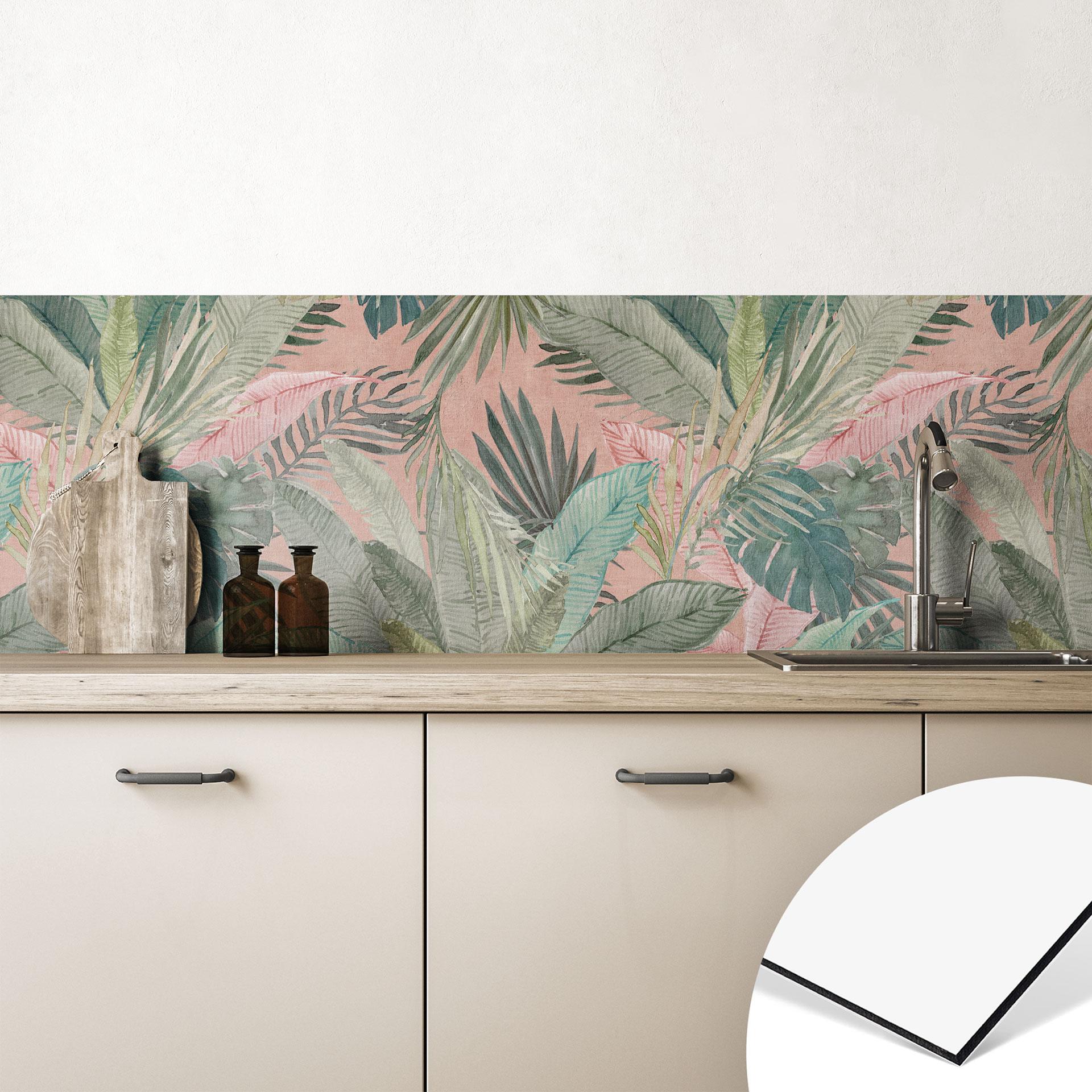 Stænkplade til køkken tropiske blade i junglen pink - Bloomery Decor