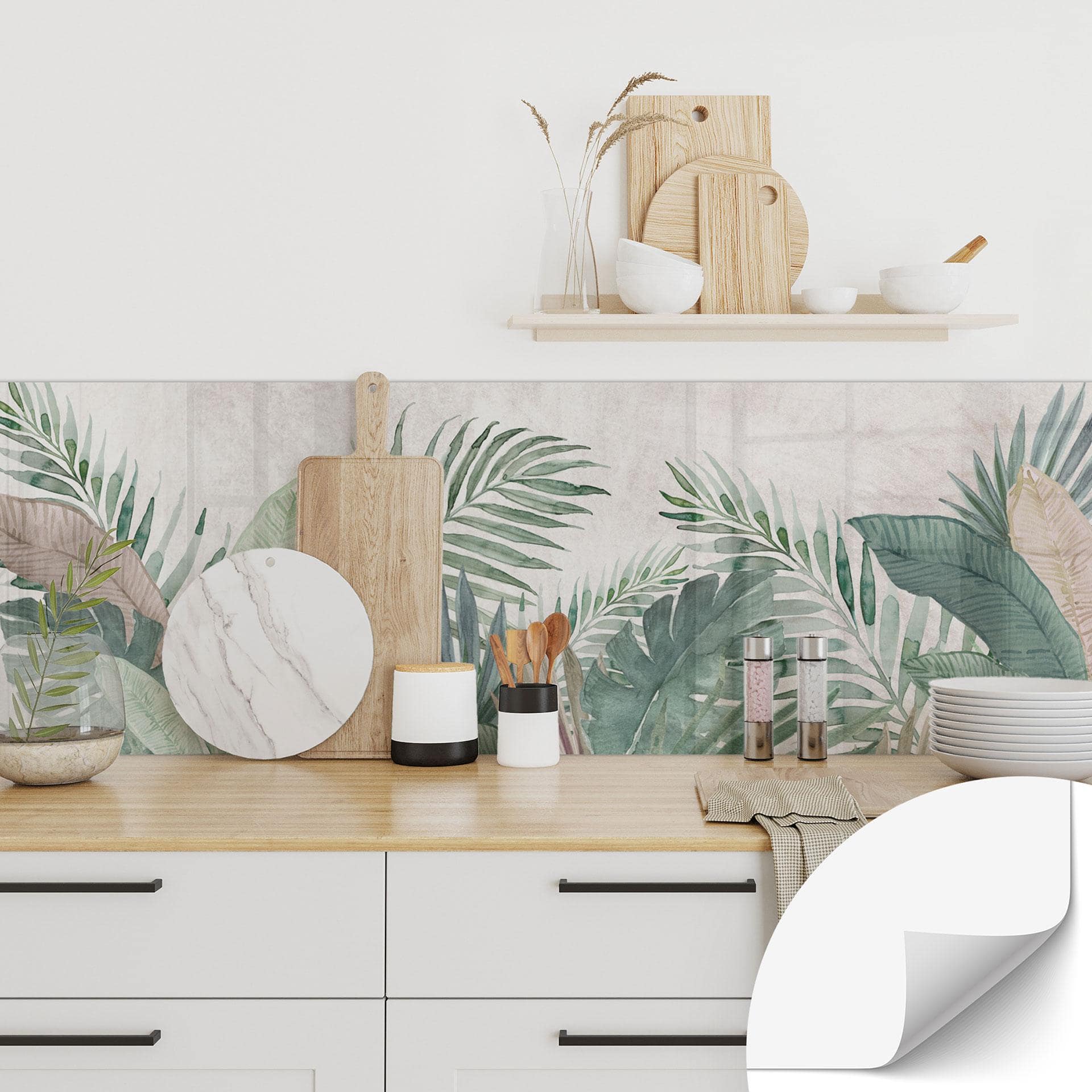 Selvklæbende stænkplade til køkken jungleblade grøn akvarel - Bloomery Decor