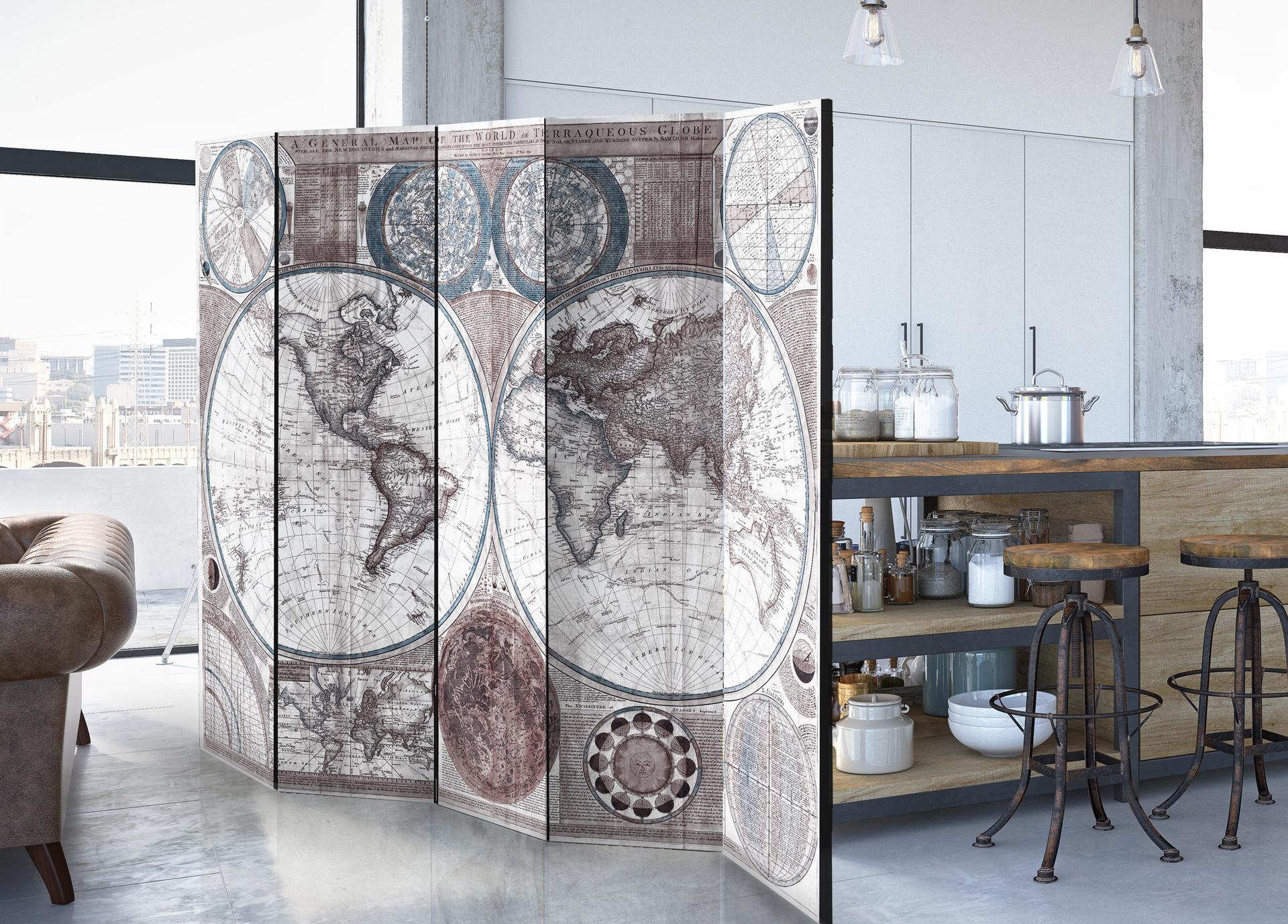 Divisorio per sala - Mappamondo - Globo terrestre, 5 pezzi - 225x172 cm