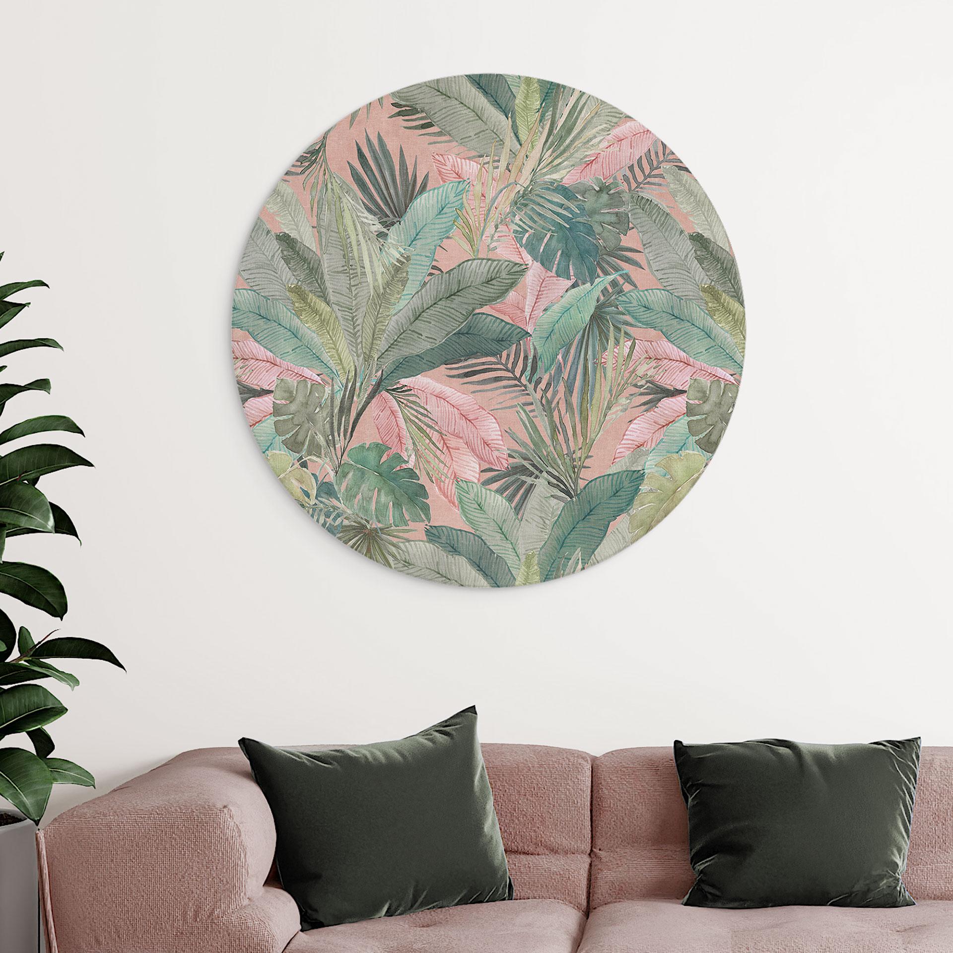 Billede af tropiske blade i junglens lyserøde farve - Bloomery Decor - rund – print på aluminium