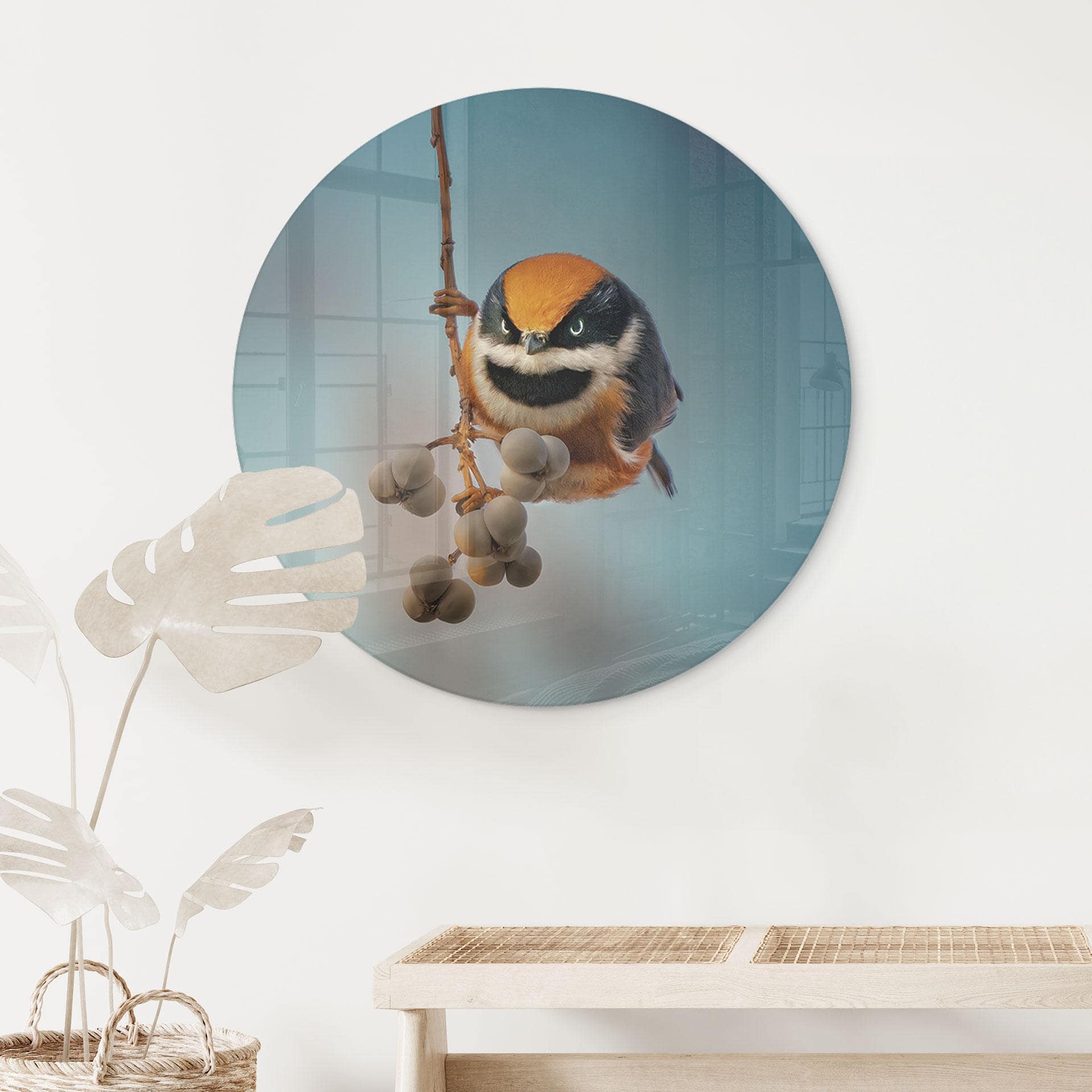 Glasbild Kleiner Vogel am Ast - Jacob Xu - Rund