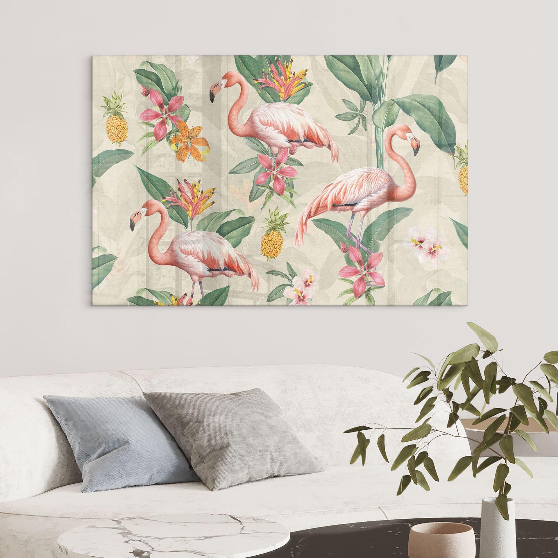 Akrylbillede Flamingo og tropiske blade - Bloomery Decor