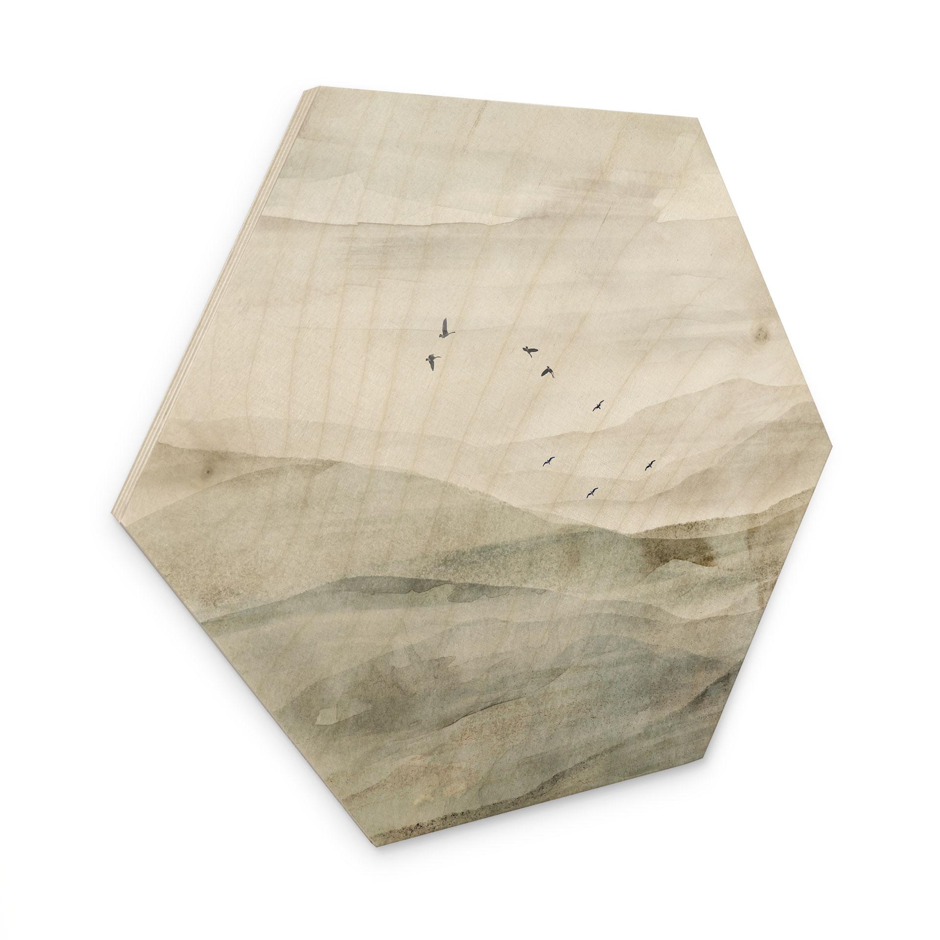 Houten Wanddecoratie mistig berglandschap aquarel - Ms Tiff