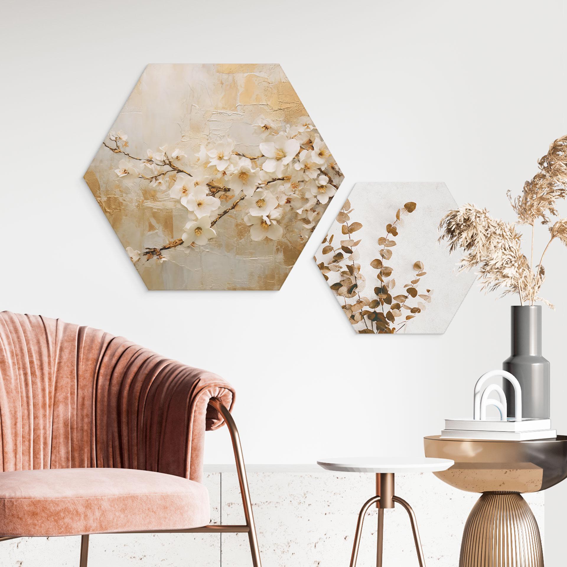 Hexagon Dibond Grenblomster på vintage guld - Paksoylu