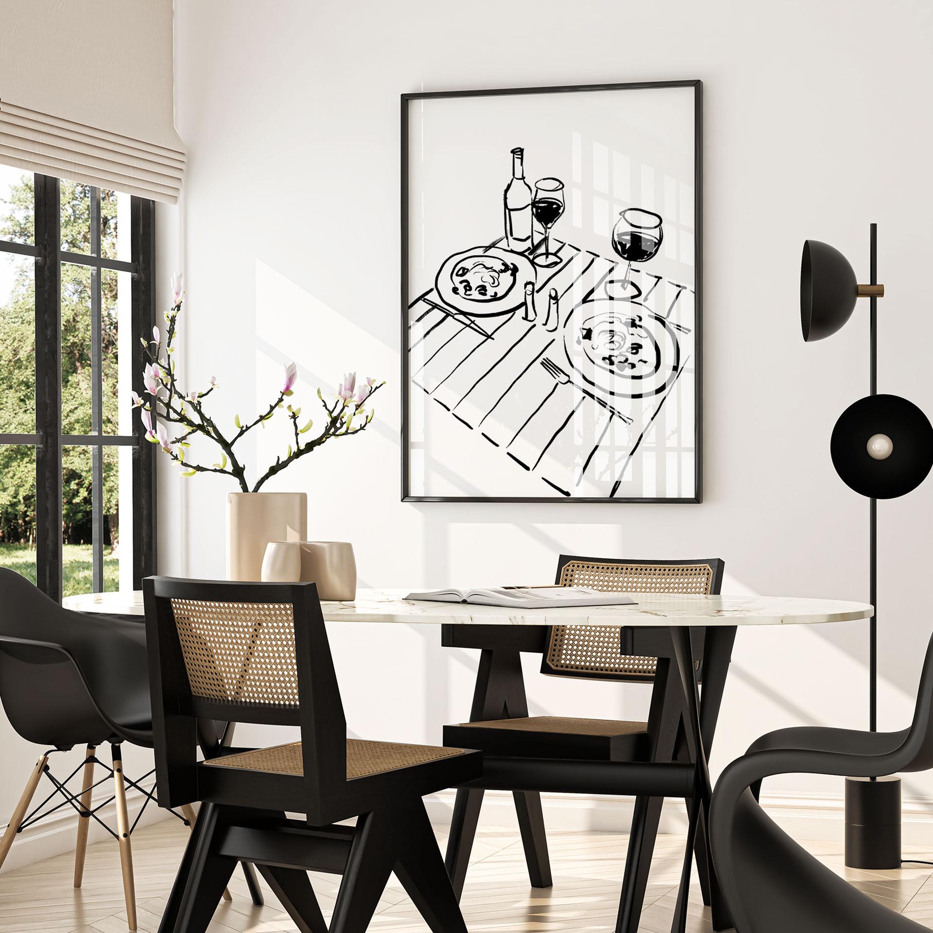 Plakat Stilleben middag med vin | Line Art - Treechild