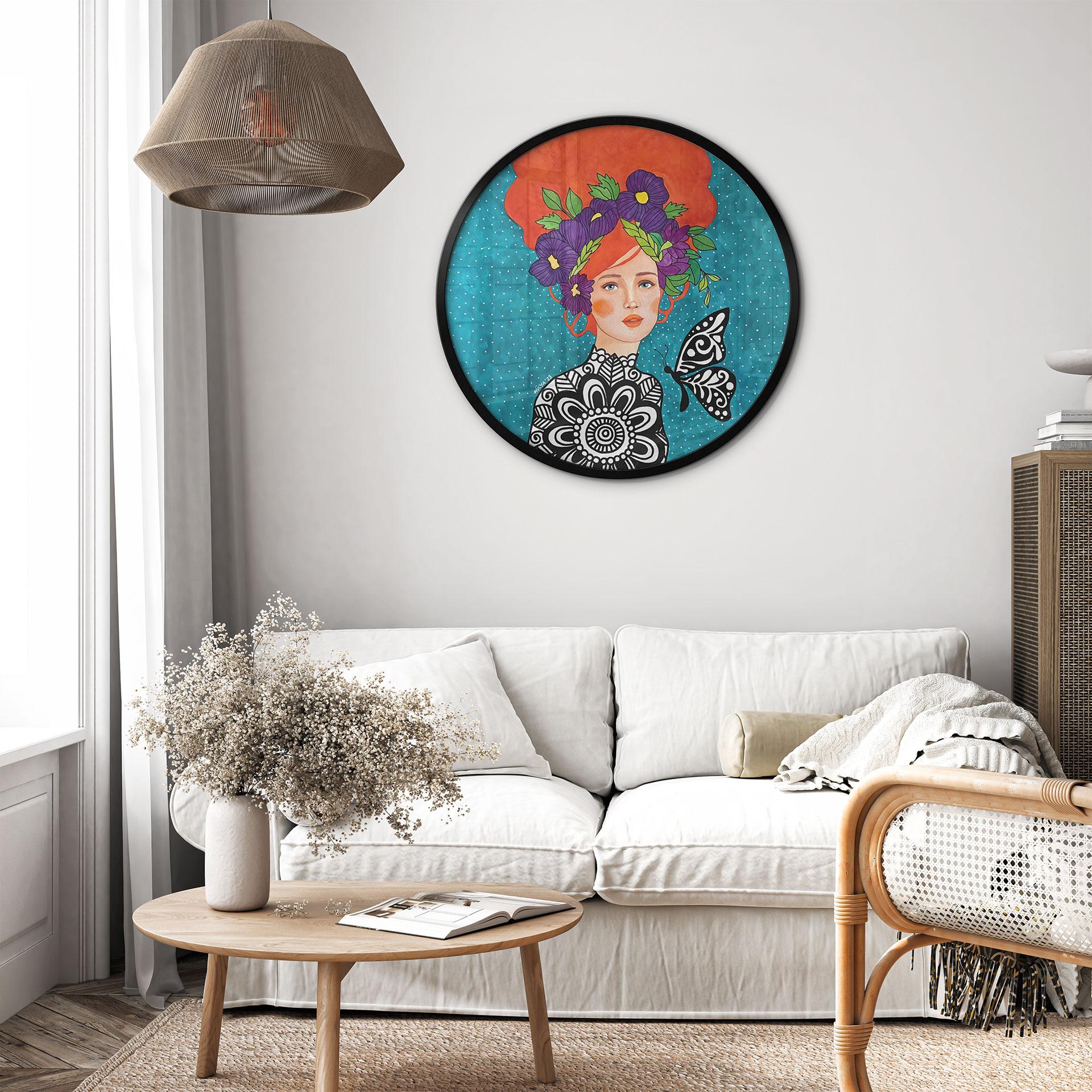 Plakat sommerfuglekvinde med blomsterkrans - Hülya - Rund