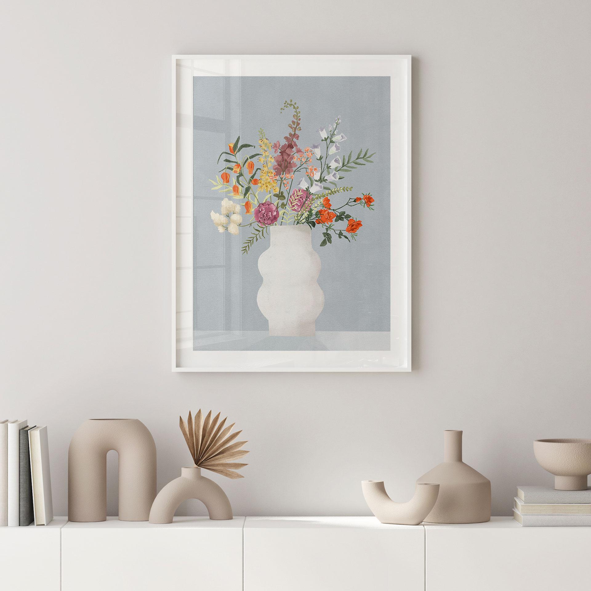 Blomsterplakat Delikat buket på pastelblå - Goed Blauw