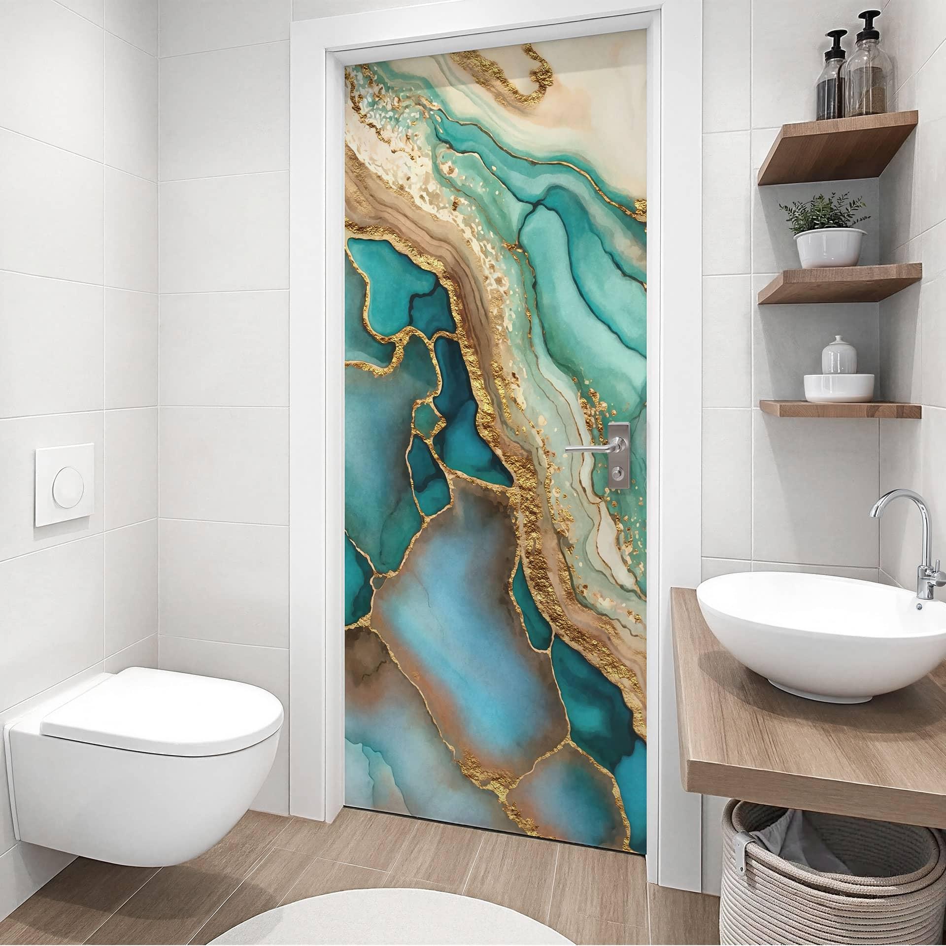 Lámina para puerta Ondas jaspeadas en turquesa y dorado - Haase - Decoración autoadhesiva para puert