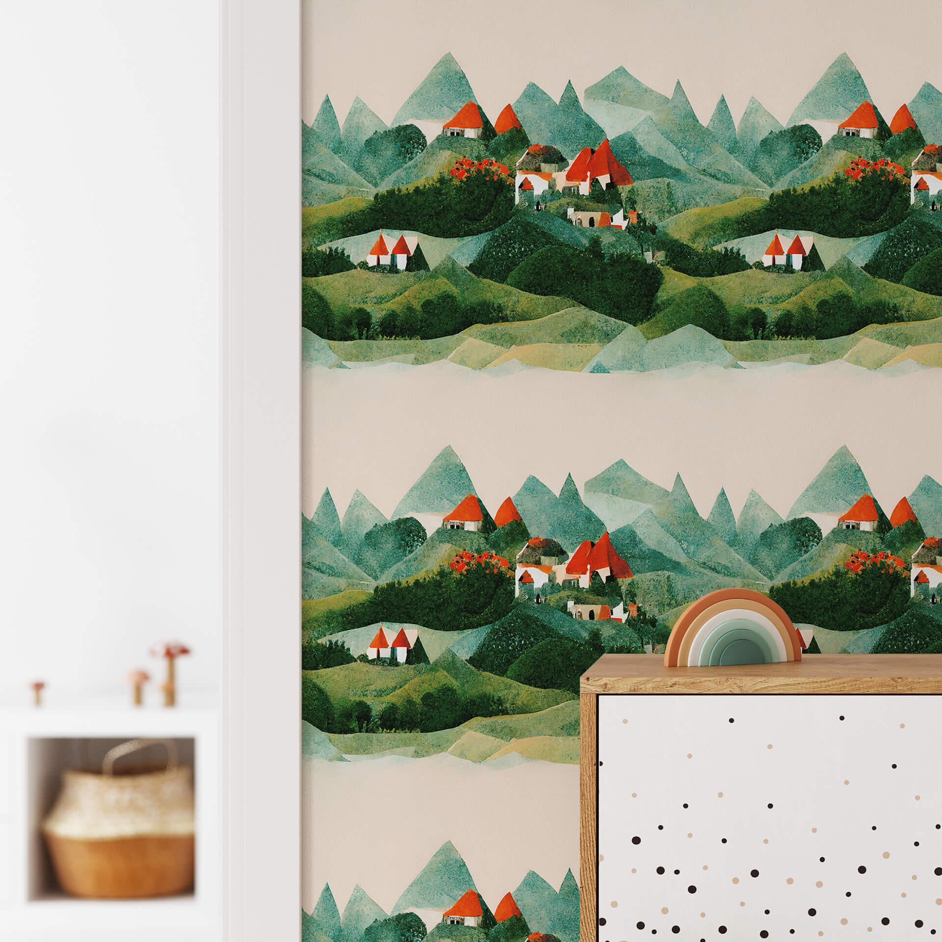 Patroonbehang Treechild - Small village in the middle of green hills