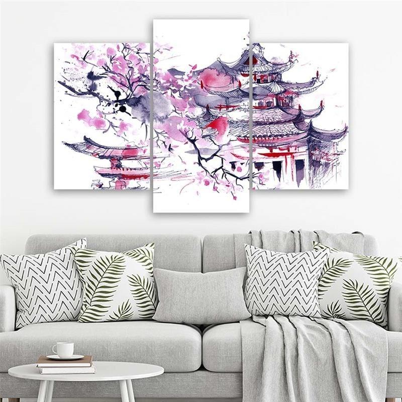 3-delige canvas print, pagode kersenboom Japan geschilderd