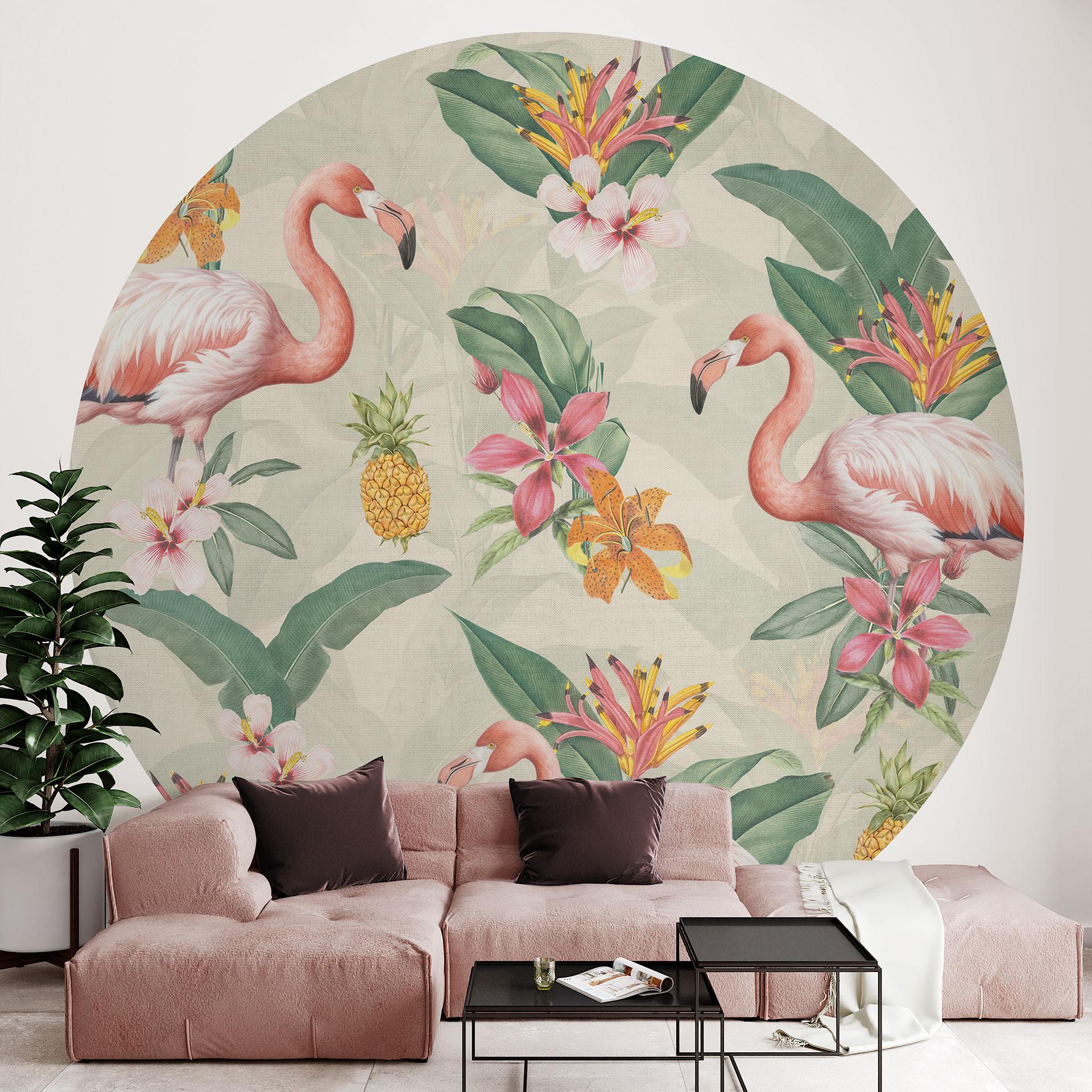 Fototapet med flamingo och tropiska blad - Bloomery Decor - Round - non-woven tapet/självhäftande no