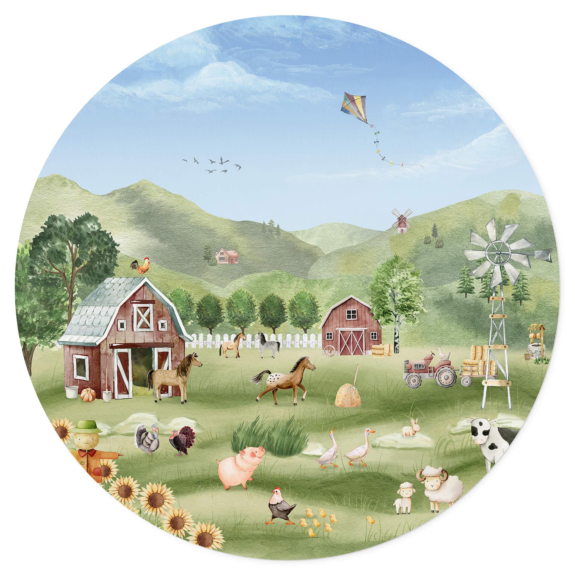 Kinderzimmer Wandtattoo - Oliver Robins - Bunter Bauernhof mit Tieren - Rund