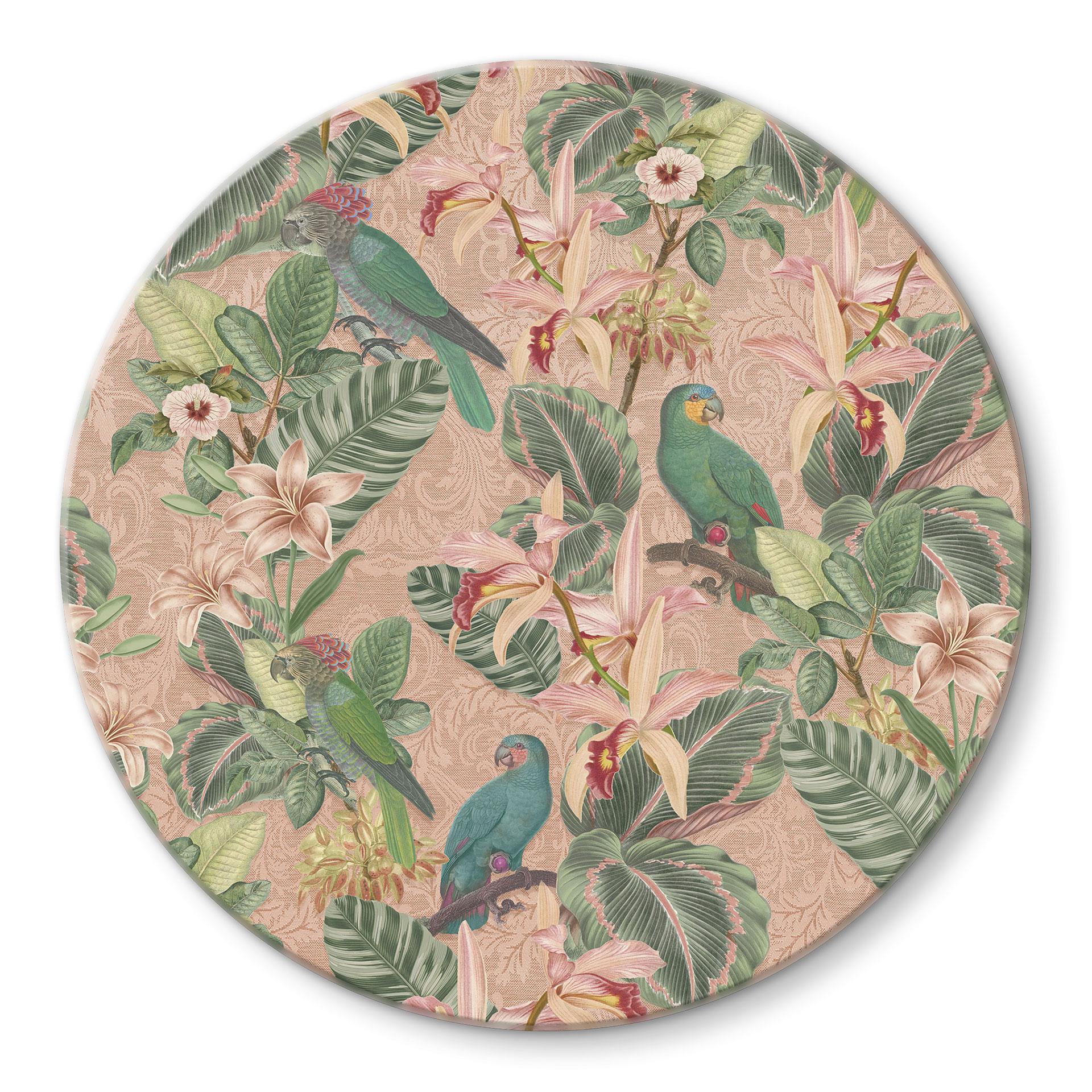 Glasbillede - Jungle med papegøjer Pink - Bloomery Decor - Rund