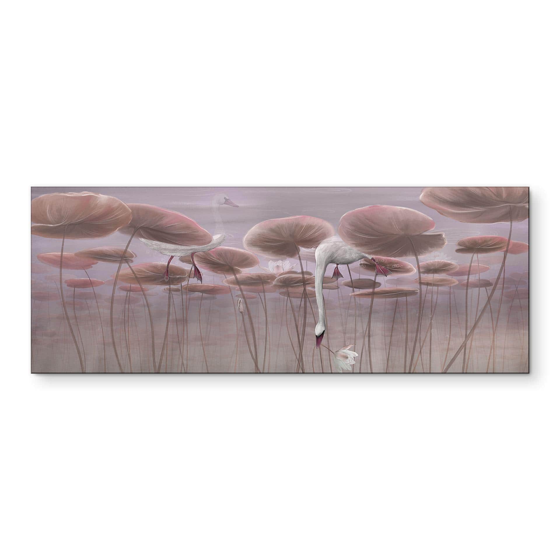 Wanddecoratie lotusbloemen met zwaan in het water in oudroze - Ms Tiff - Alu-Dibond Panorama