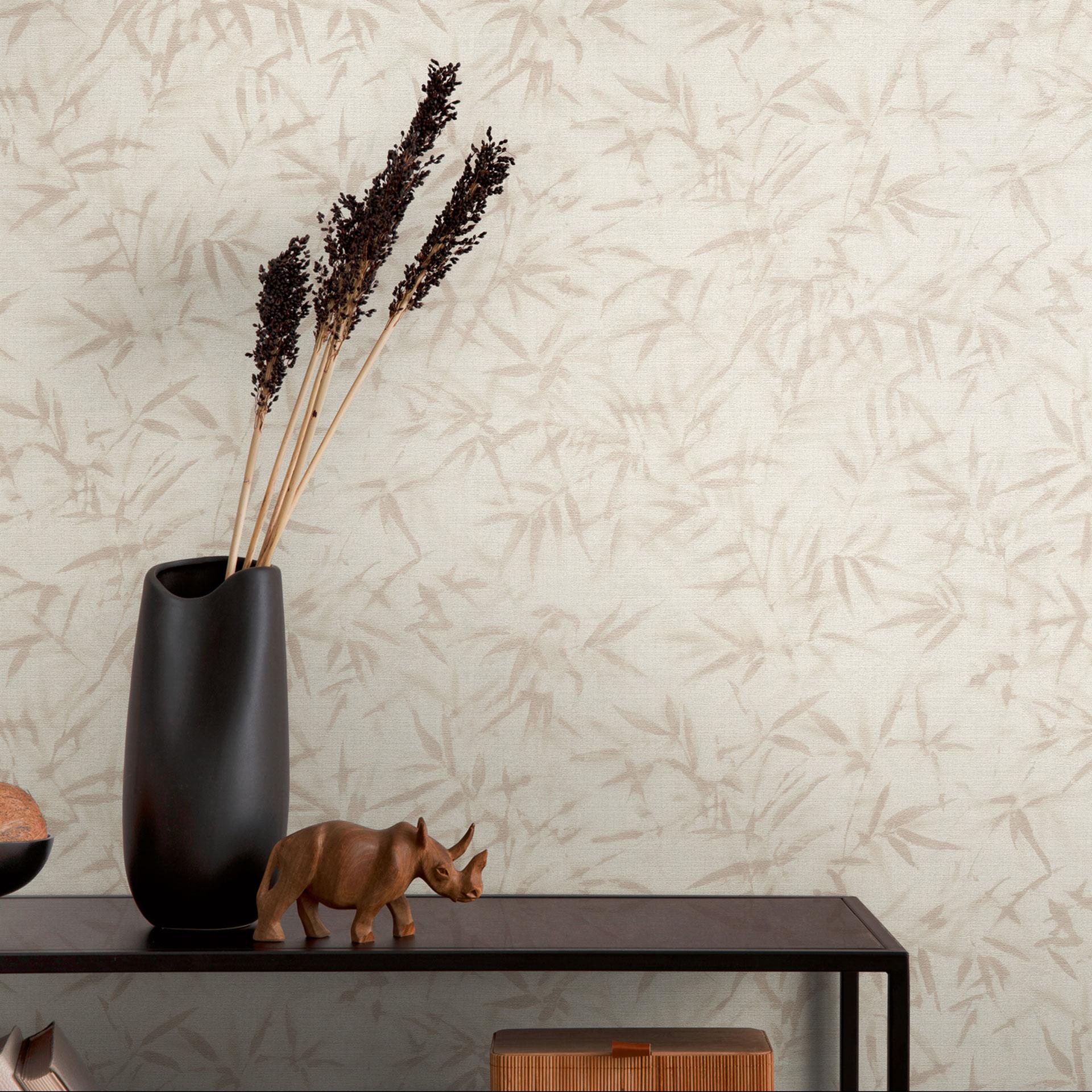Bladtapet creme beige - subtilt tapet med mønster med bambuslook - Ikke-vævet tapet