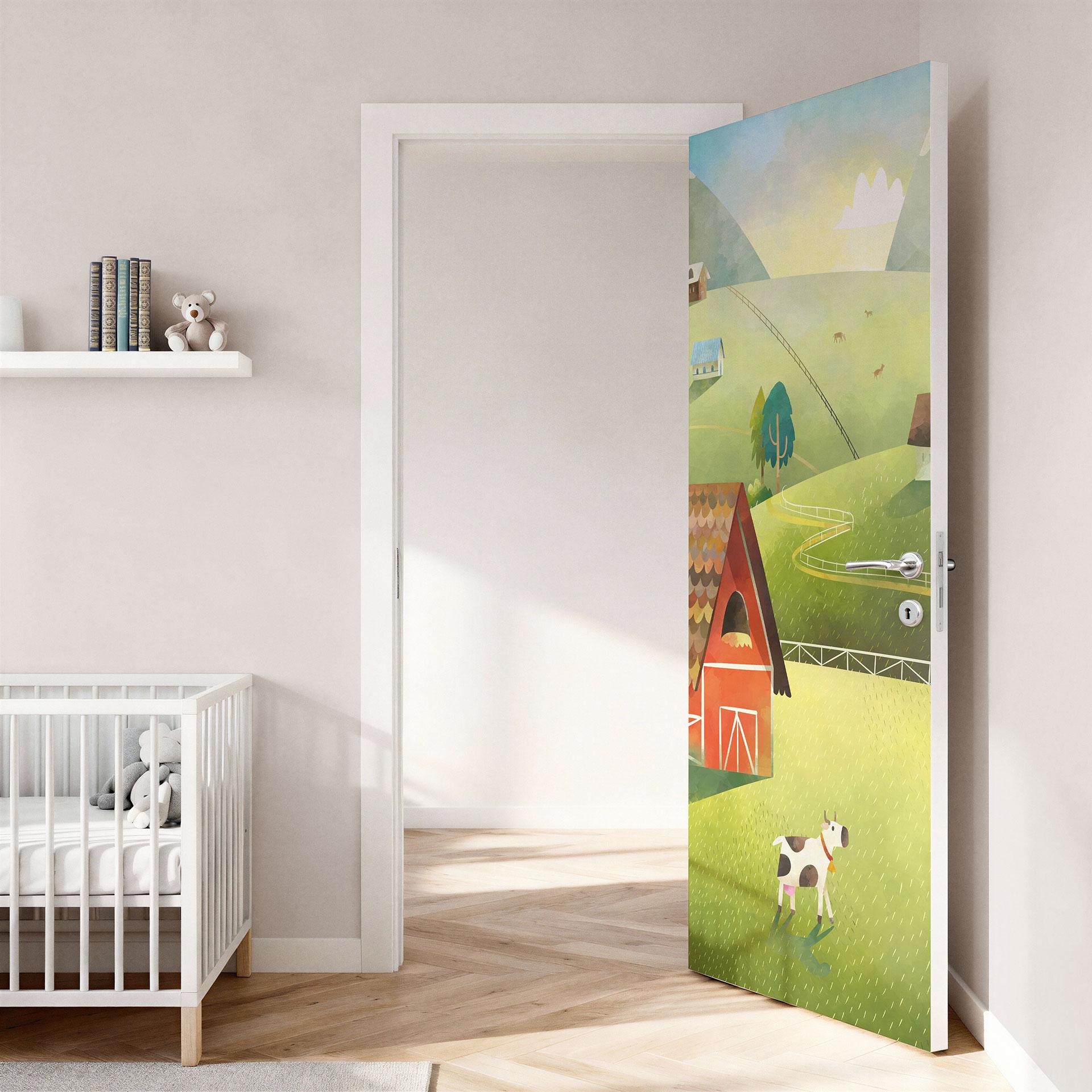 Lámina para puerta de habitación infantil - Granja colorida en las montañas - DigitalArtsi - Selbstk