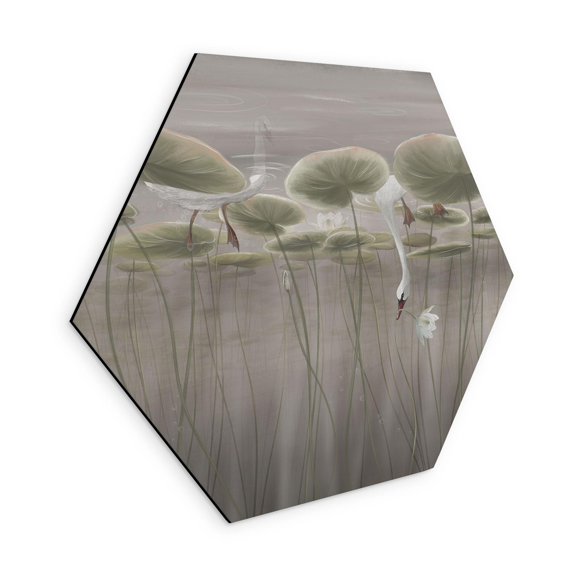Zeshoek Wanddecoratie lotusbloemen met zwaan in water in grijs - Ms Tiff - Alu-Dibond