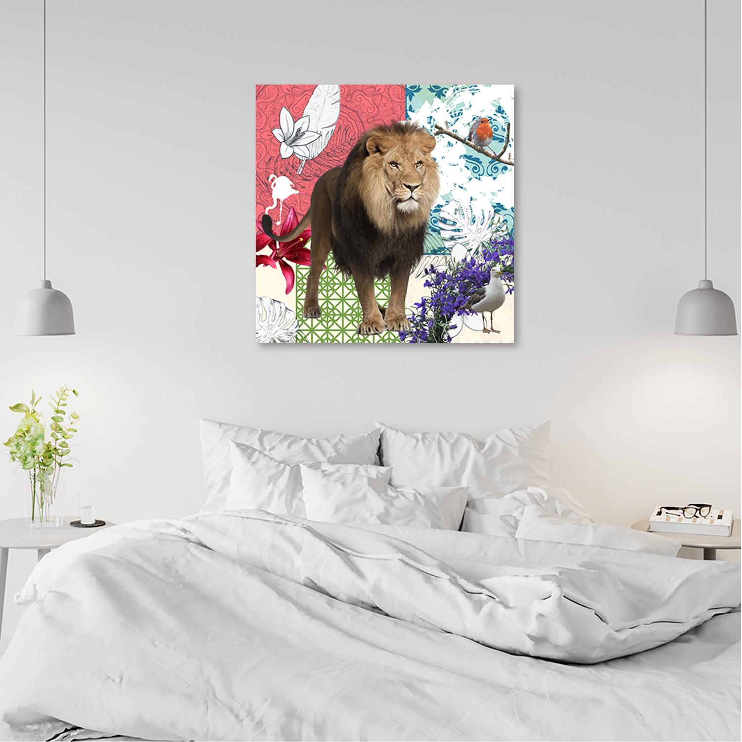 Canvasbillede, Løve og fugle-collage