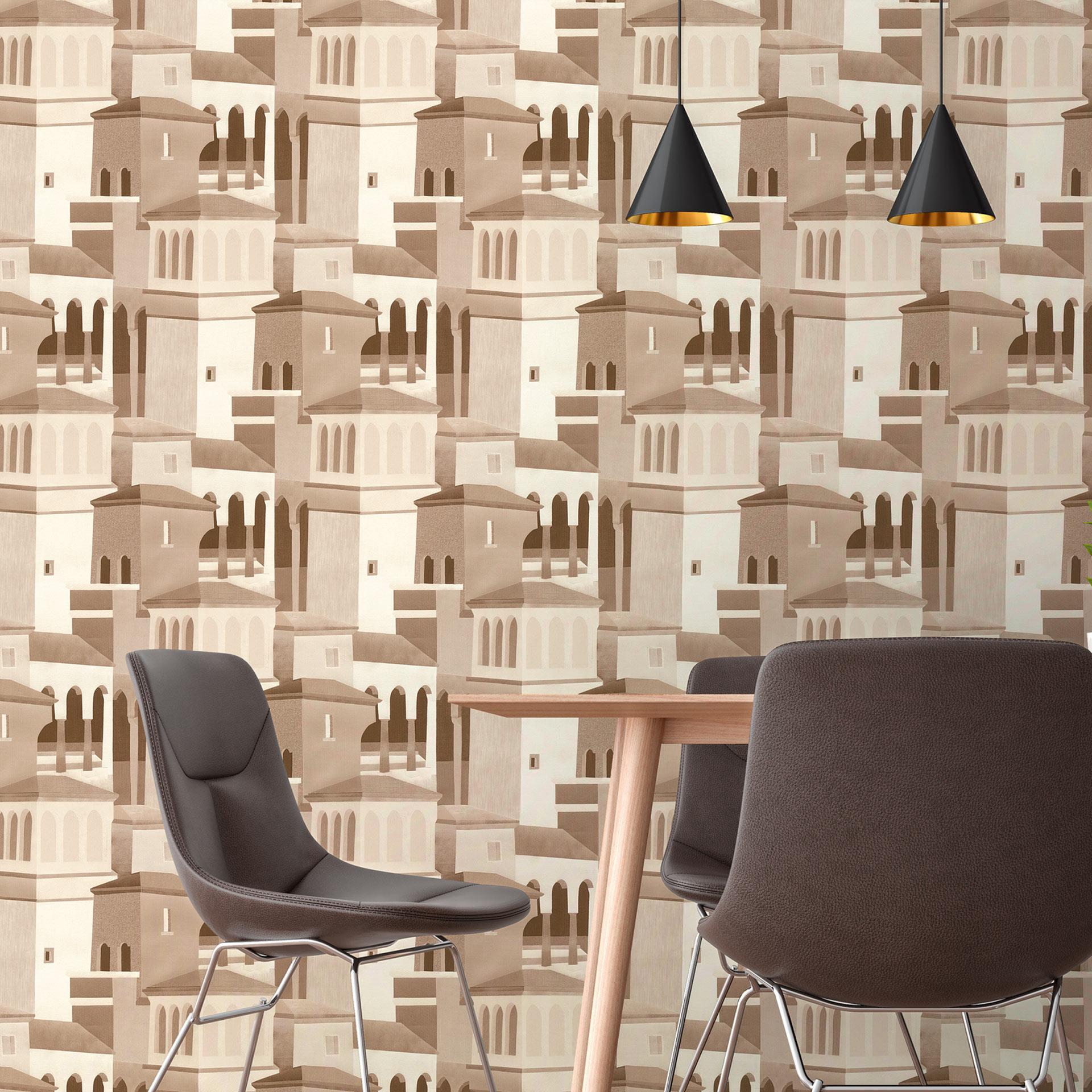 Ikke-vævet tapet med arkitektonisk motiv i beige og brune toner