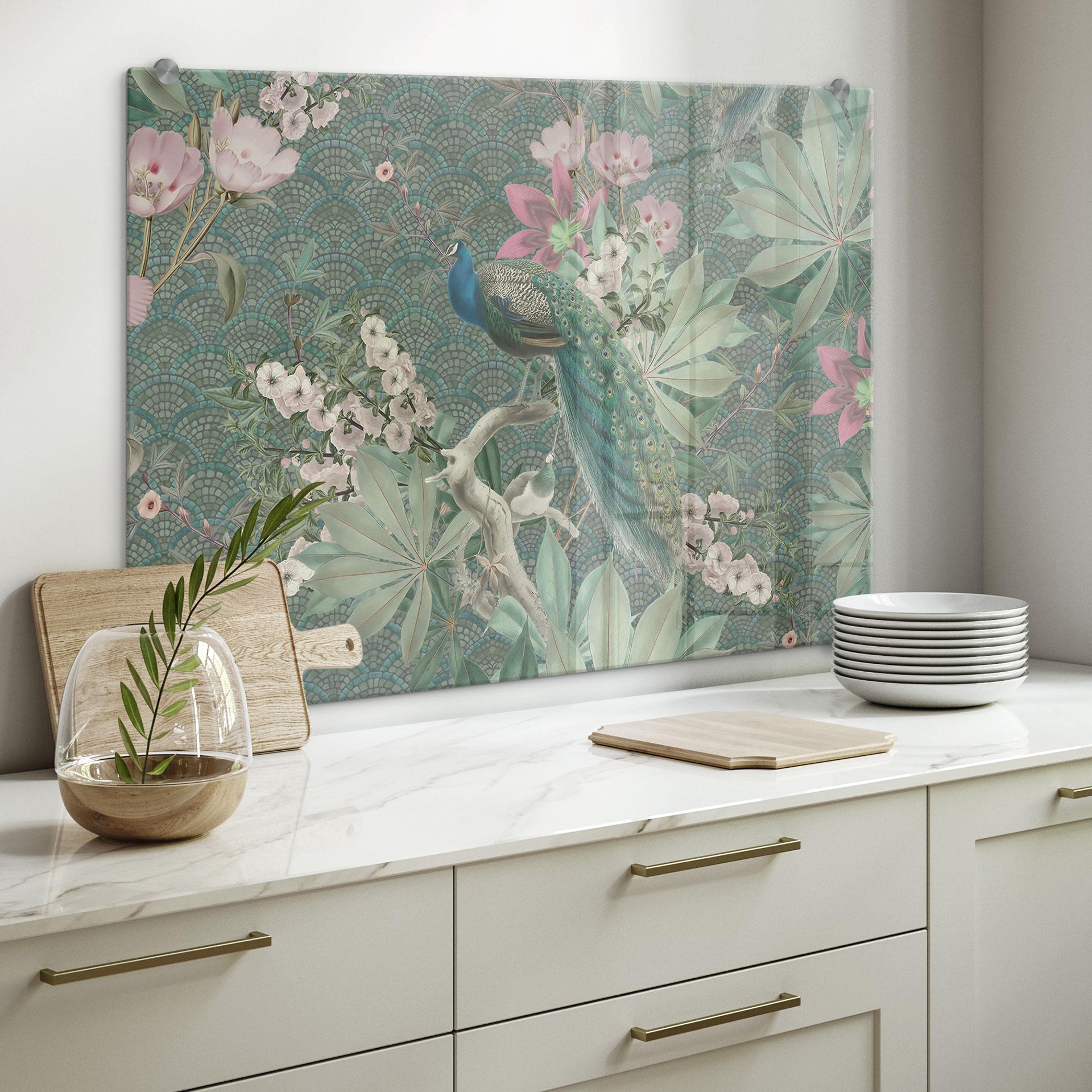 Stænkplade påfugl i tropisk have på mosaik - Bloomery Decor