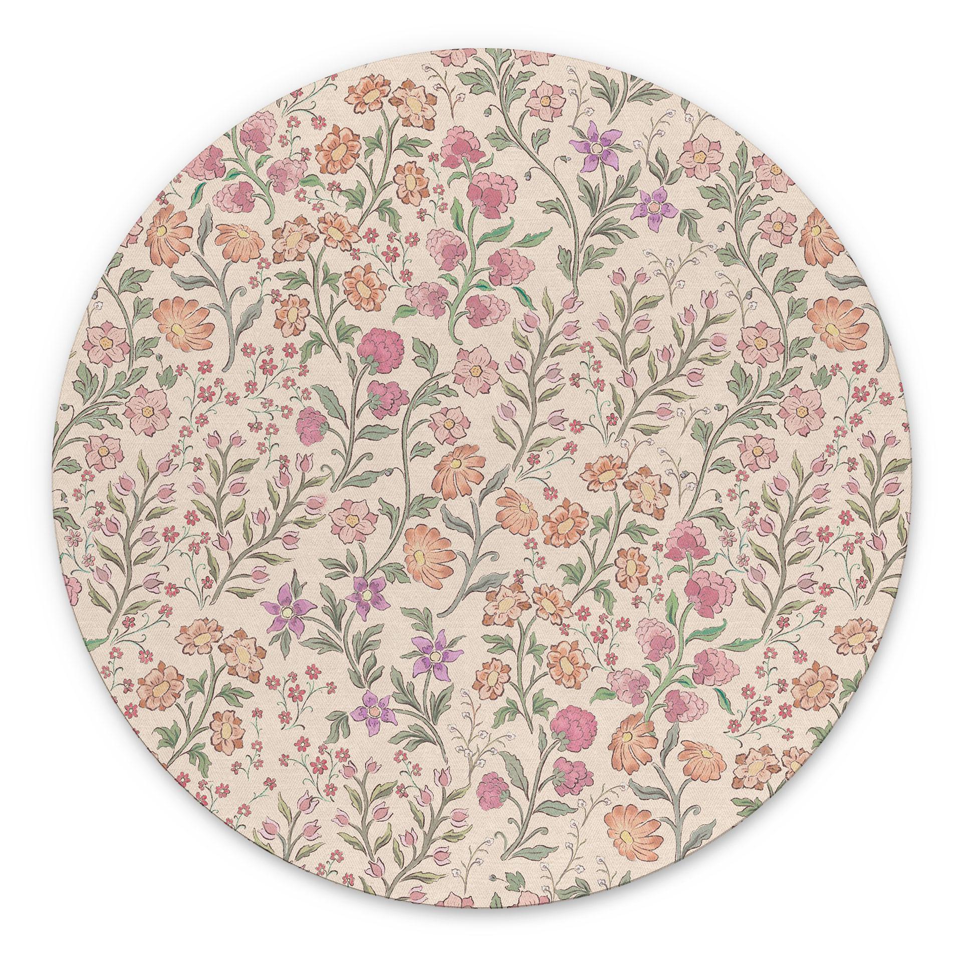 Billede af engblomster vintage - Beige - Blomsterdekoration - rund – print på aluminium (Alu-Dibond)