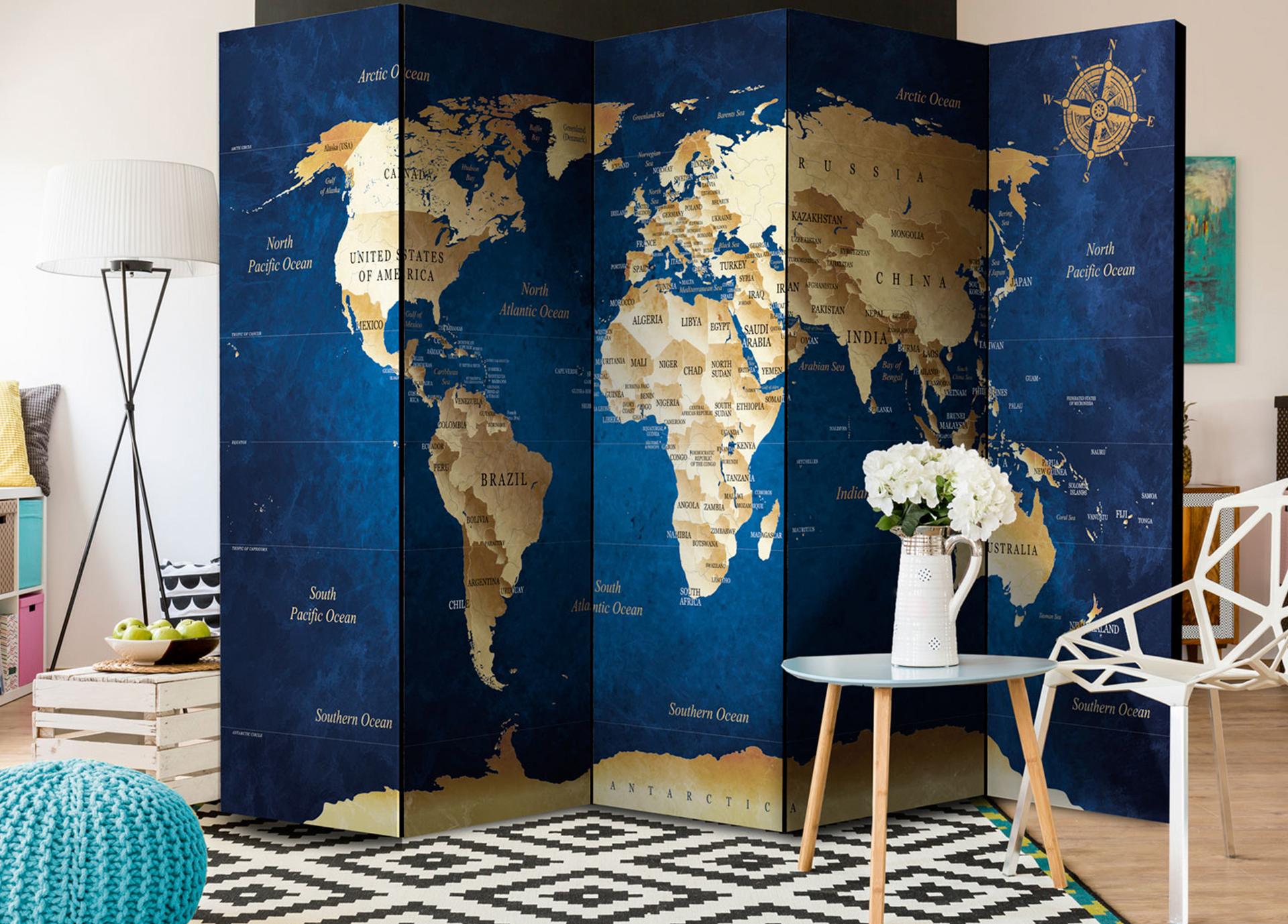 Divisorio per sala - Mappamondo - Blu profondo, 5 pezzi - 225x172 cm