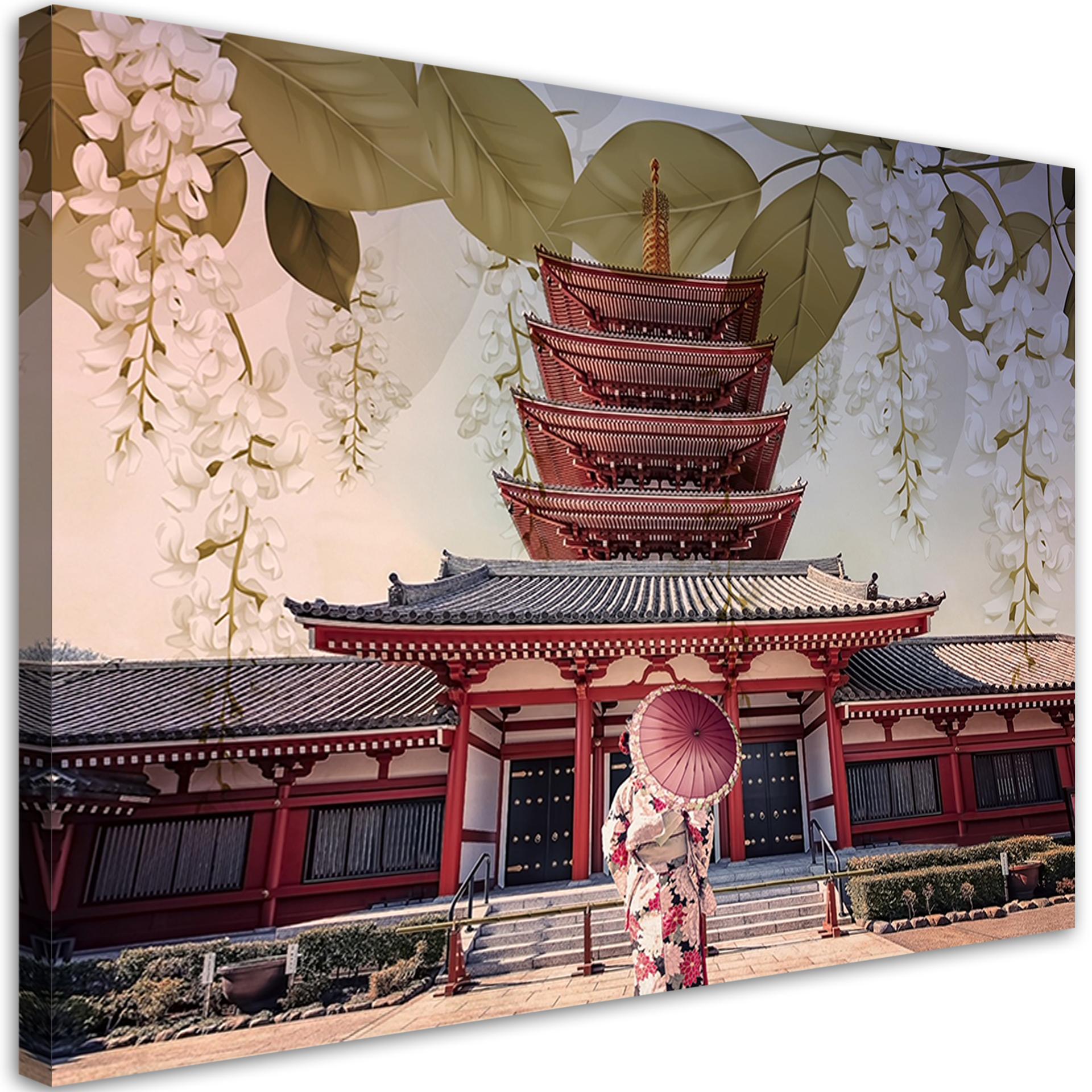 Canvasbillede, Japansk geisha og tempel