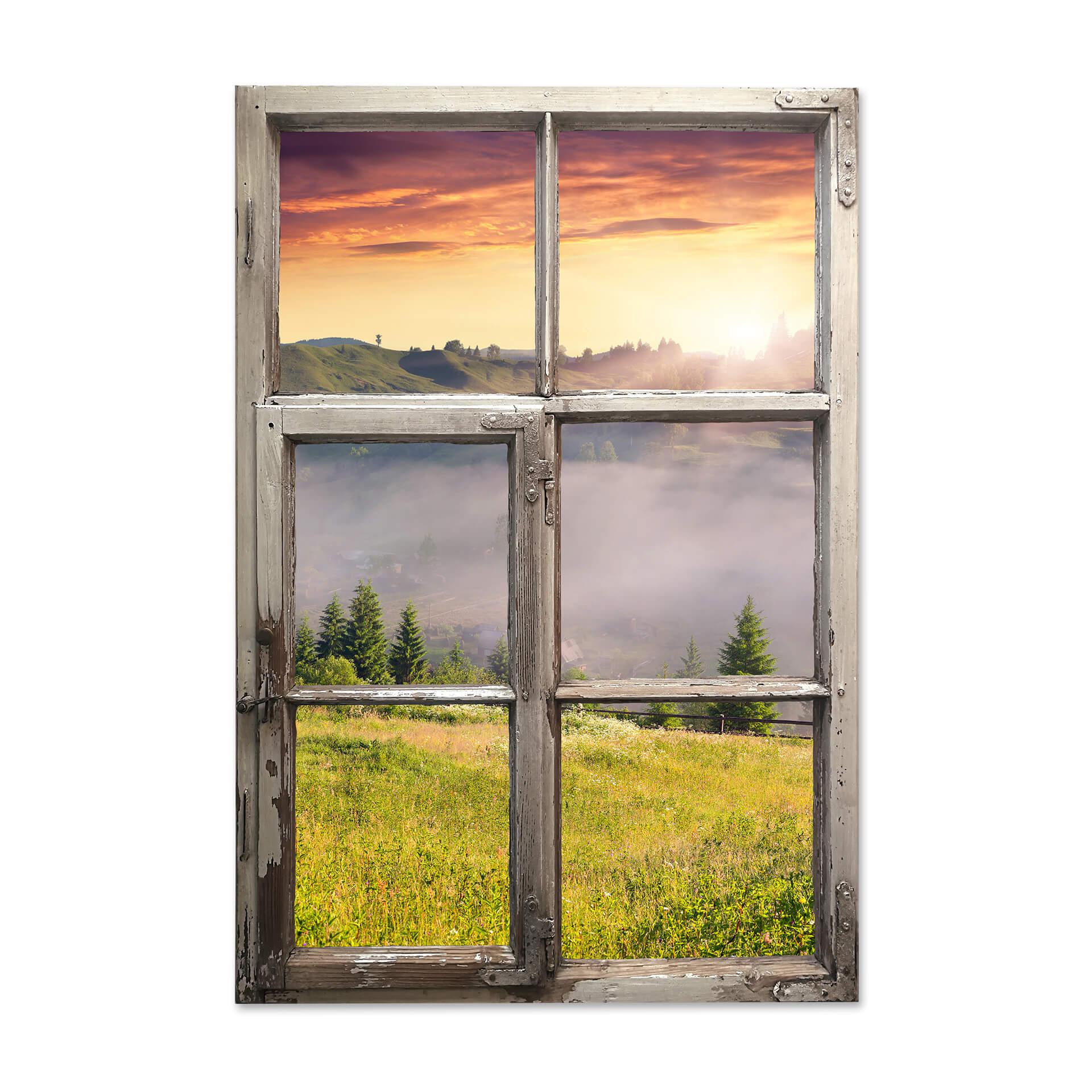 3D Wandtattoo Fenster Shabby - Bergtal im Nebel