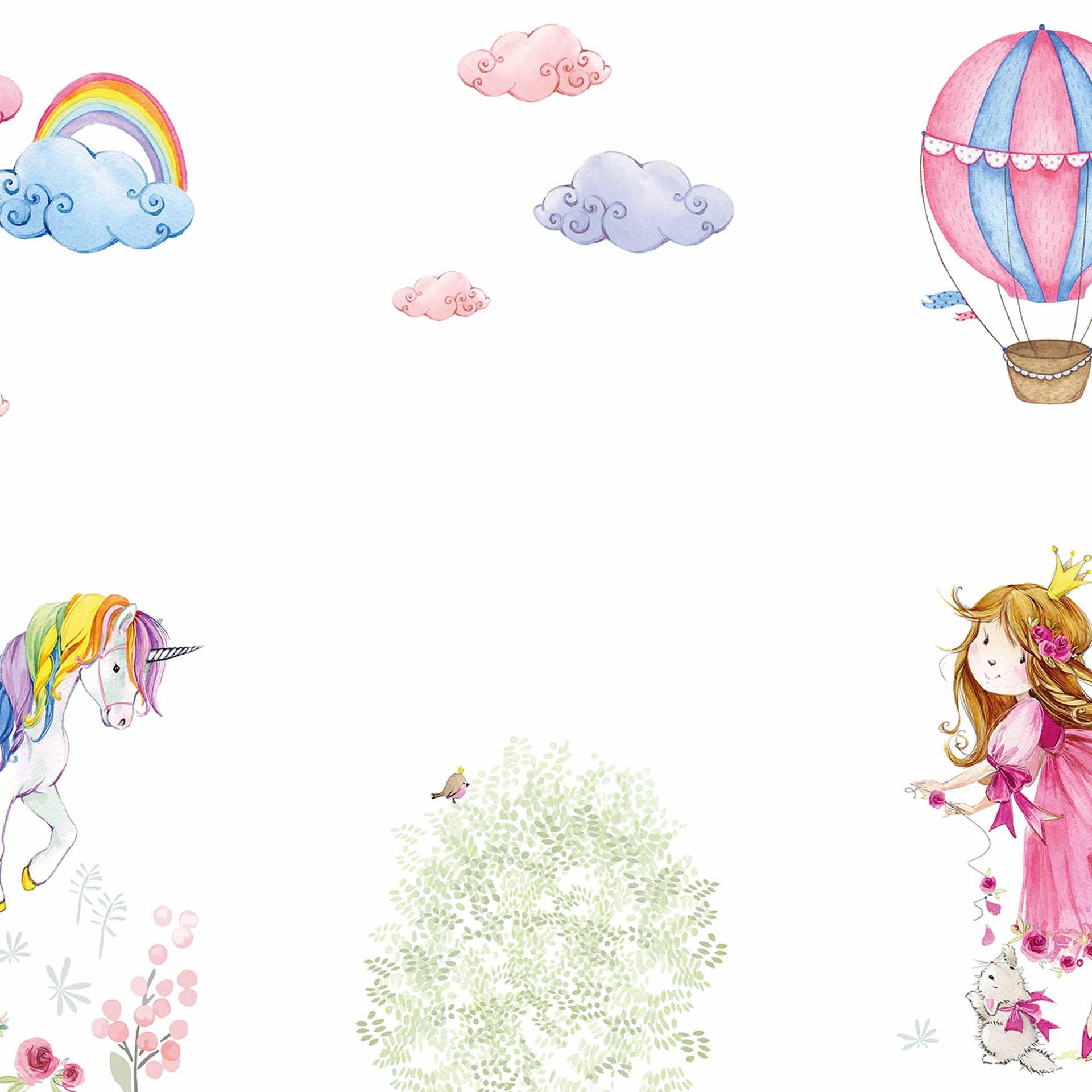 UnicorPrincess wit roze behang voor babykamer - vliesbehang Designwalls 2 - 2,55 x 3,5 m