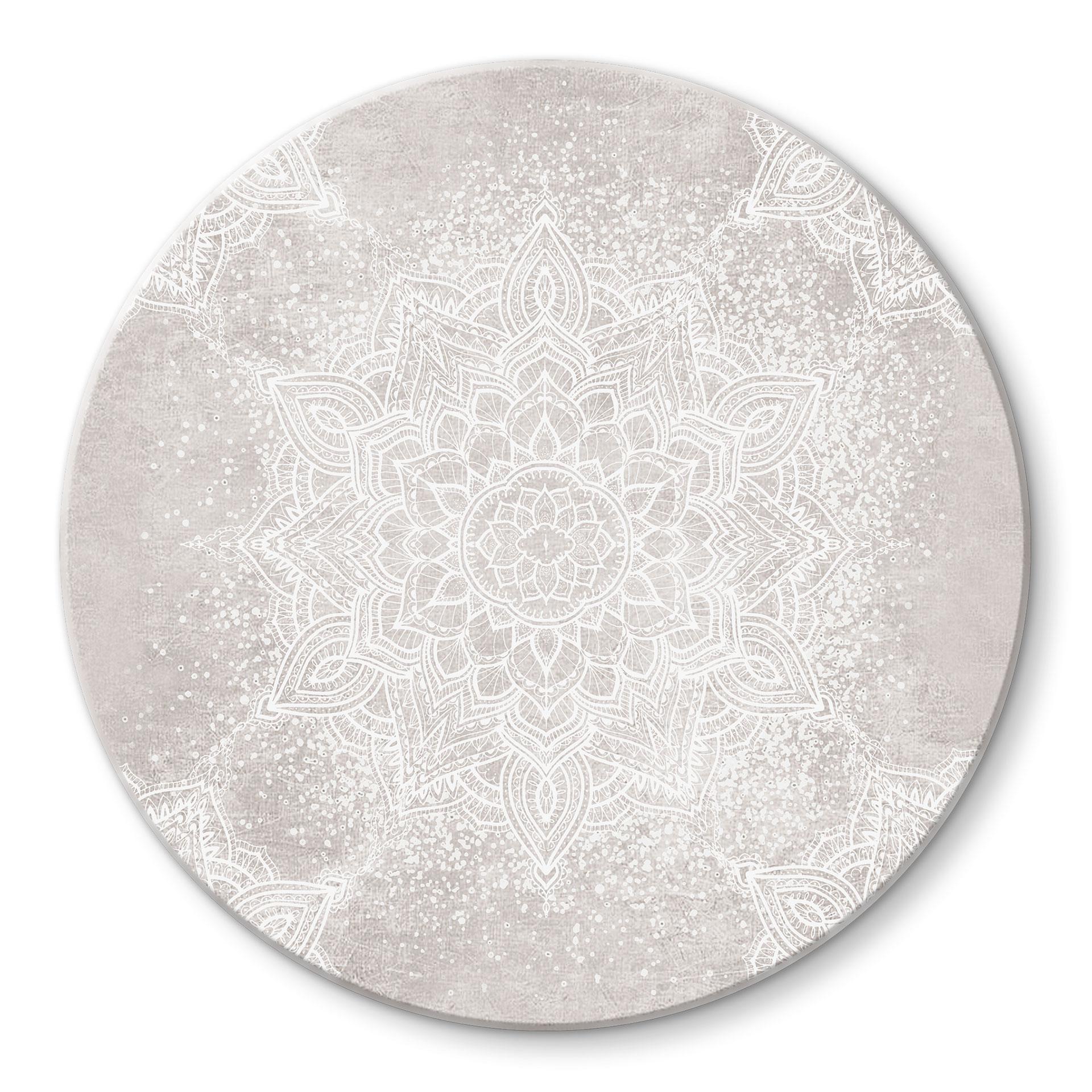 Glasbillede - Blid mandala på grå-beige - Bloomery Decor - Rund