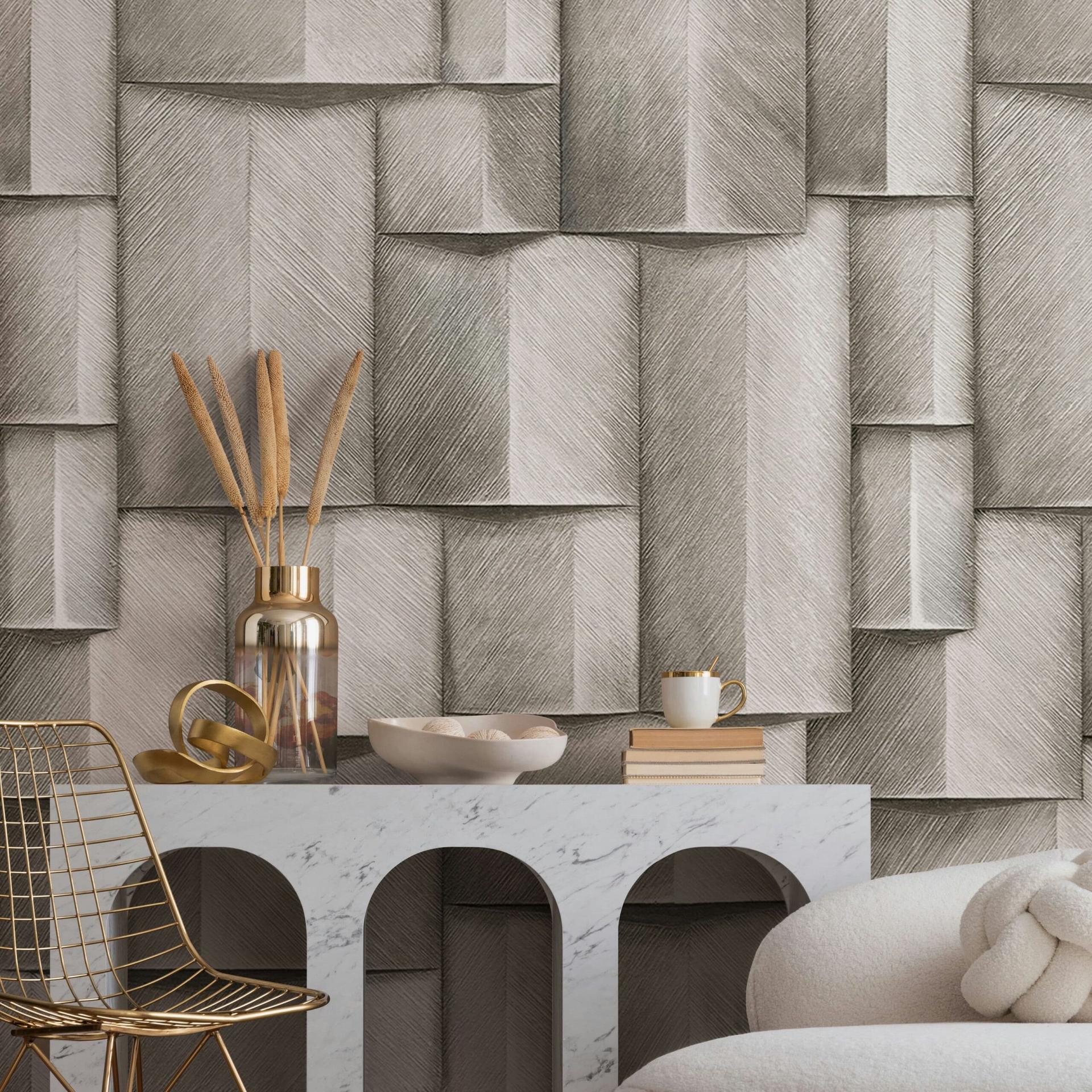 vliesbehang met houtmotief geometrisch wit, zwart 3D look 2,70 x 1,59 m