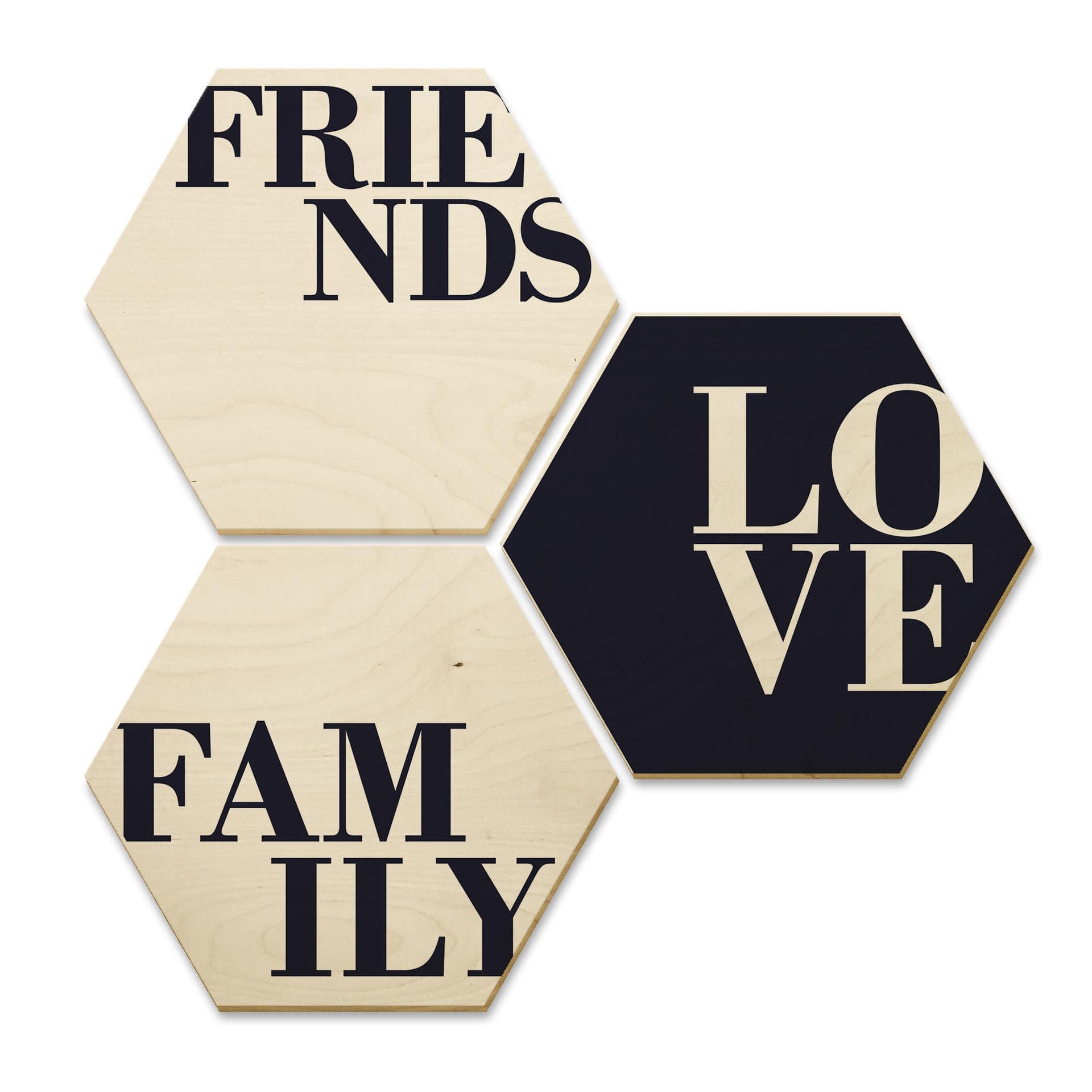 Hexagone - Bois placage de bouleau - Love, Friends, Family (Set de 3)