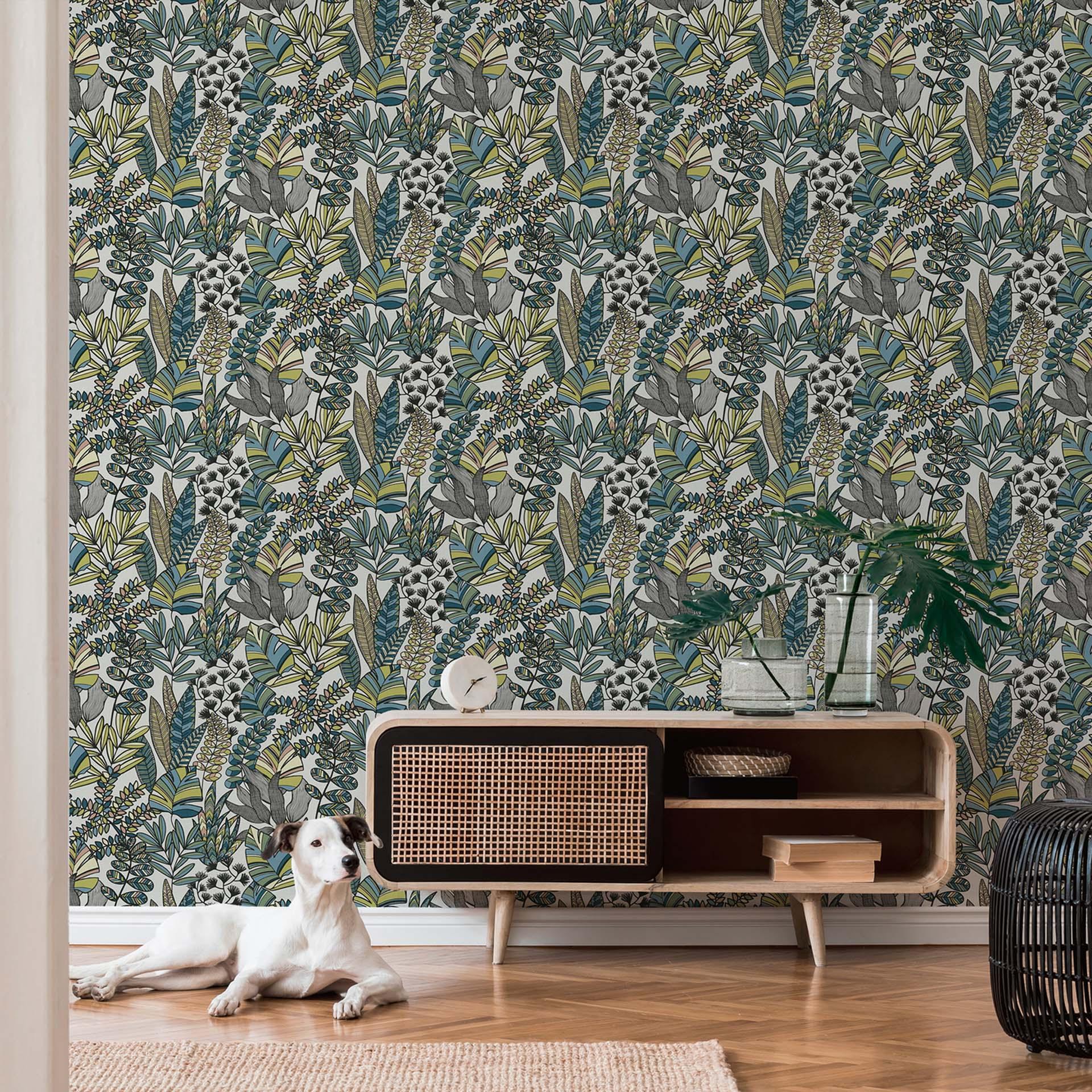jungle tapet blade planter grøn blå hvid - mønstre non-woven tapet