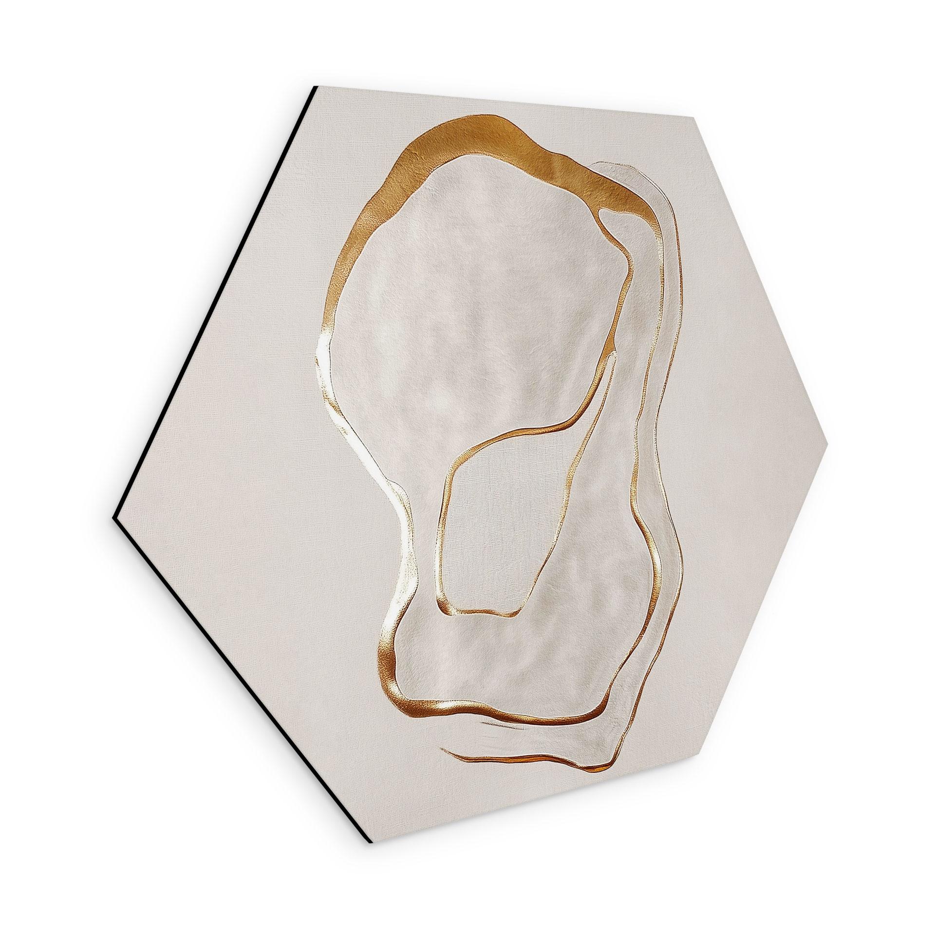 Sekskantet, abstrakt billedkunst i guld og beige - Aluminium dibond - Alma