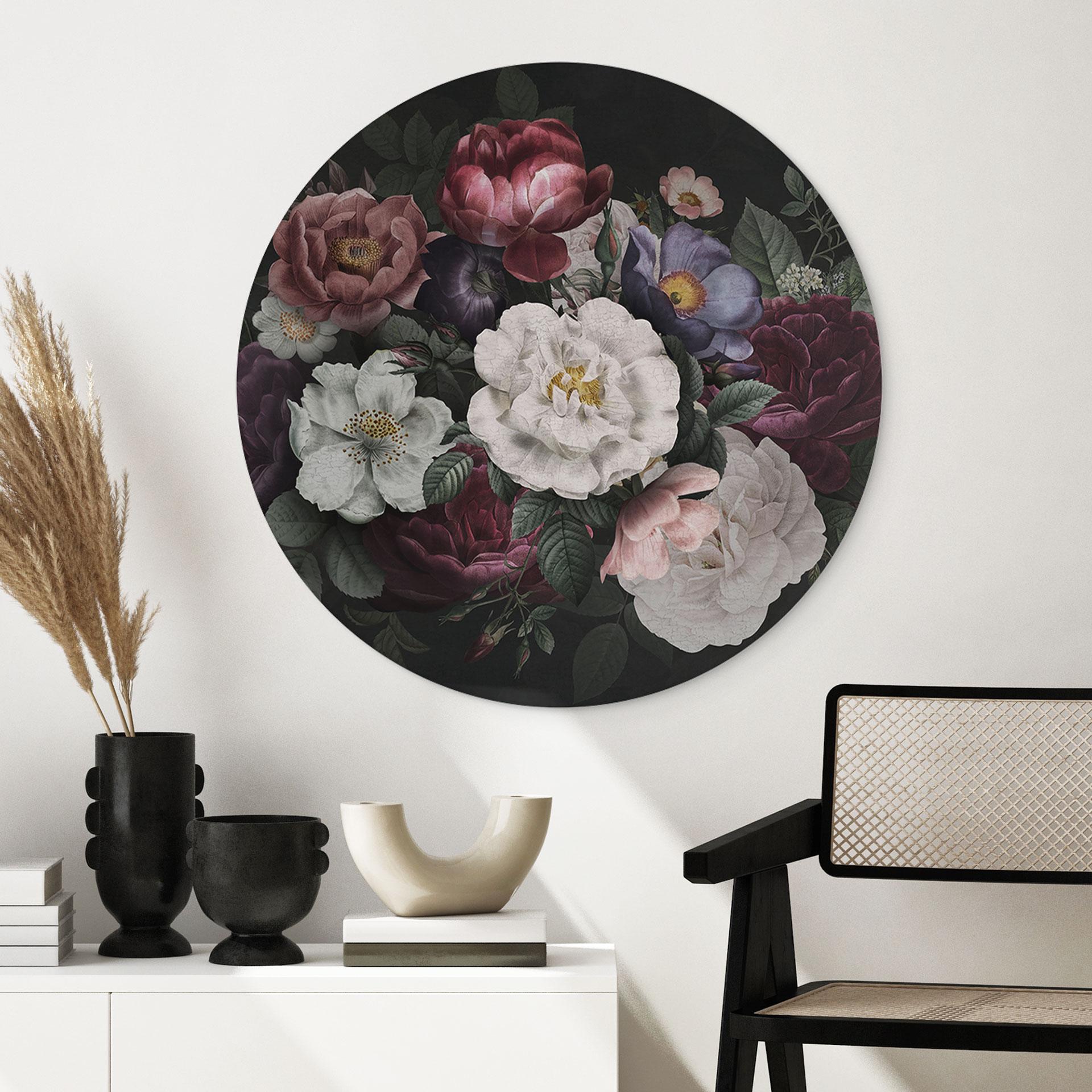 Wanddecoratie Bloemen Stilleven in Redouté-stijl - Bloemdecoratie - Aluminium Dibond Rond