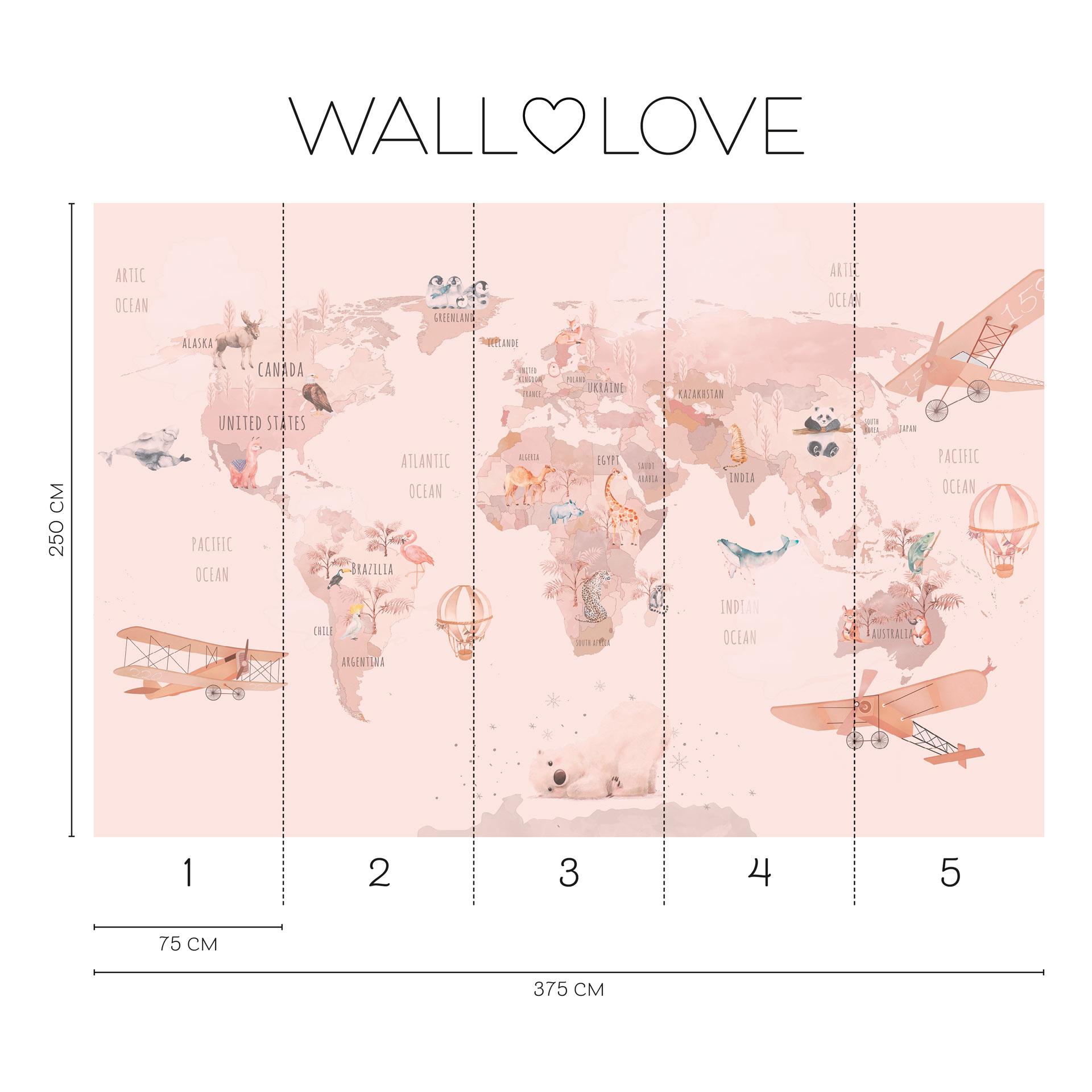 Fotobehang wereldkaart dieren roze beige 3,75 x 2,50 m - vliesbehang voor kinderen