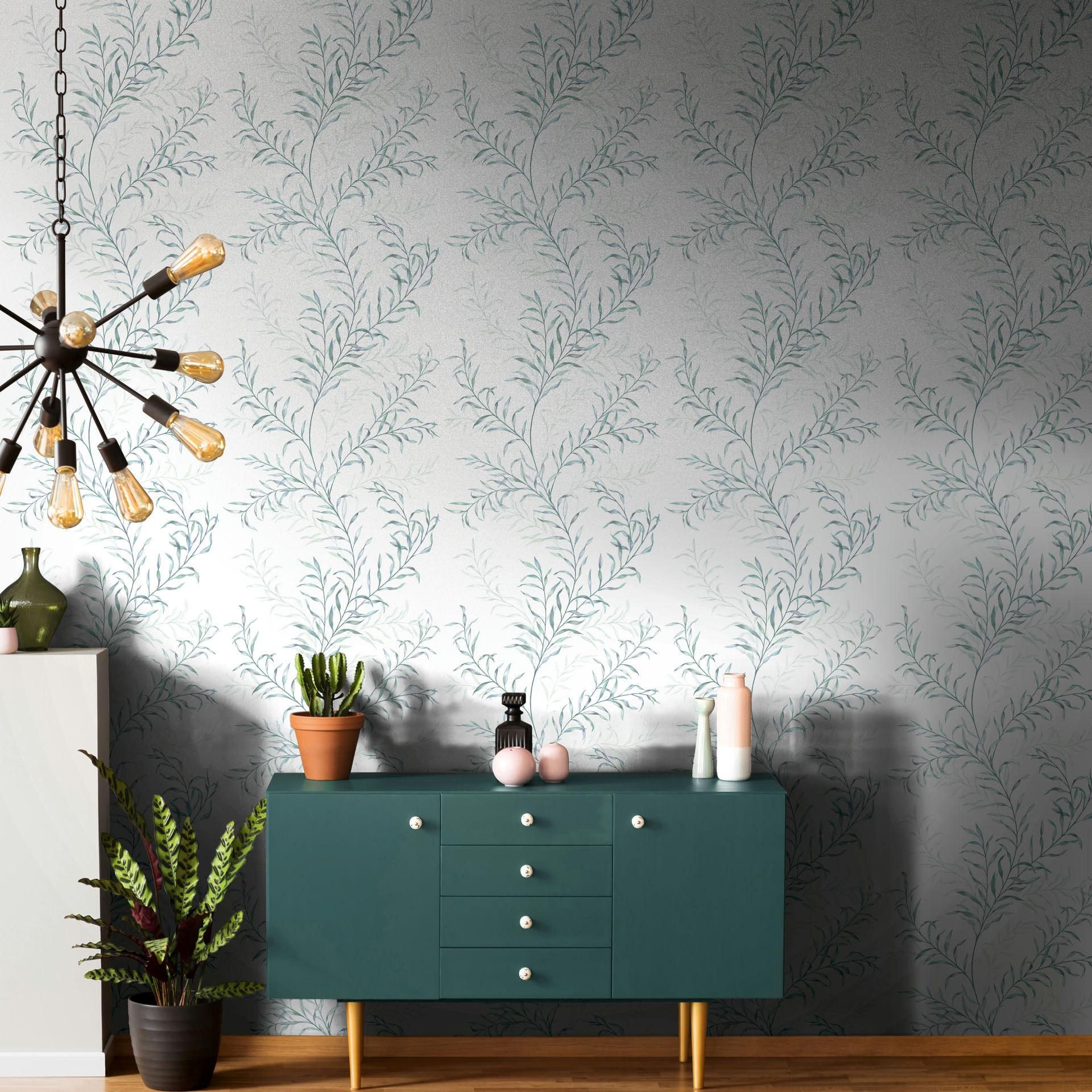Vliesbehang bladeren bloem natuur mat in wit groen