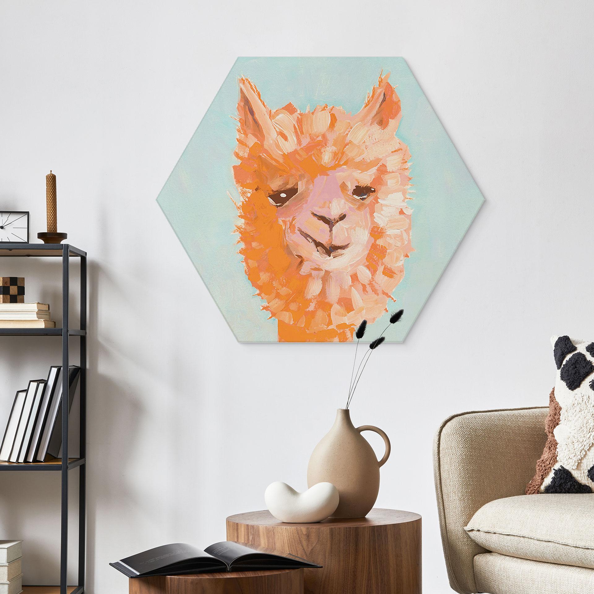 Hexagon Wandbild Oranges Alpaca - Zwara - Alu-Dibond
