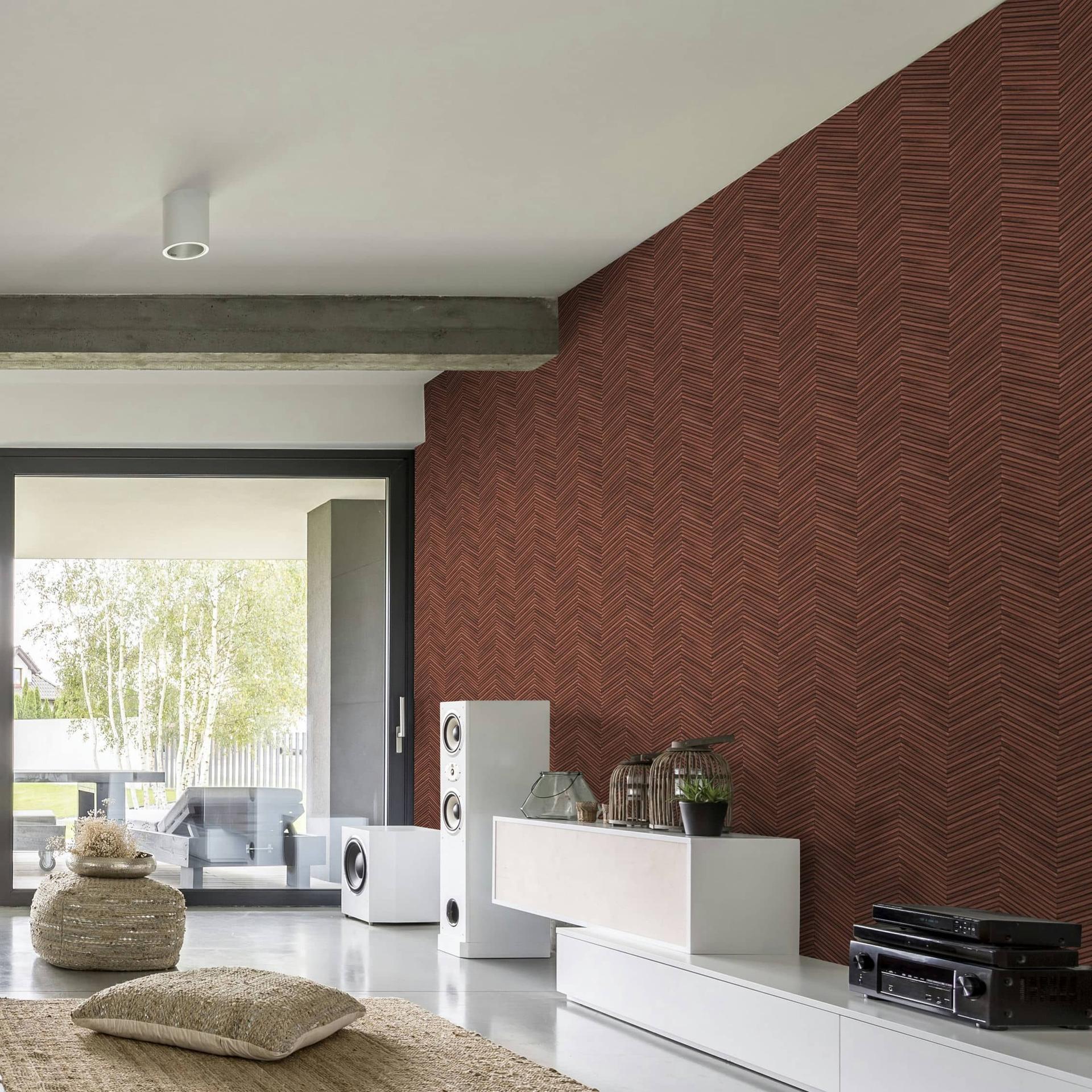Vliesbehang met visgraatmotief en houtlook rood, bruin houtlook