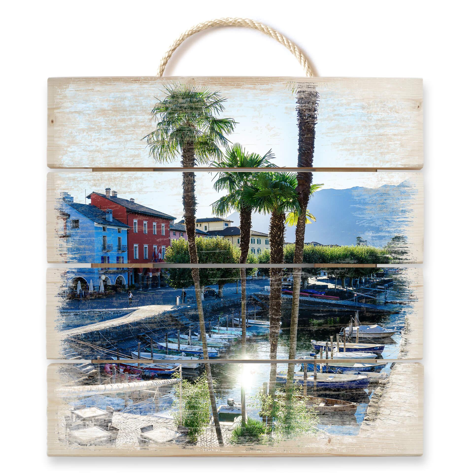 Obraz drewniany port nad jeziorem Maggiore - 40x41,5 cm