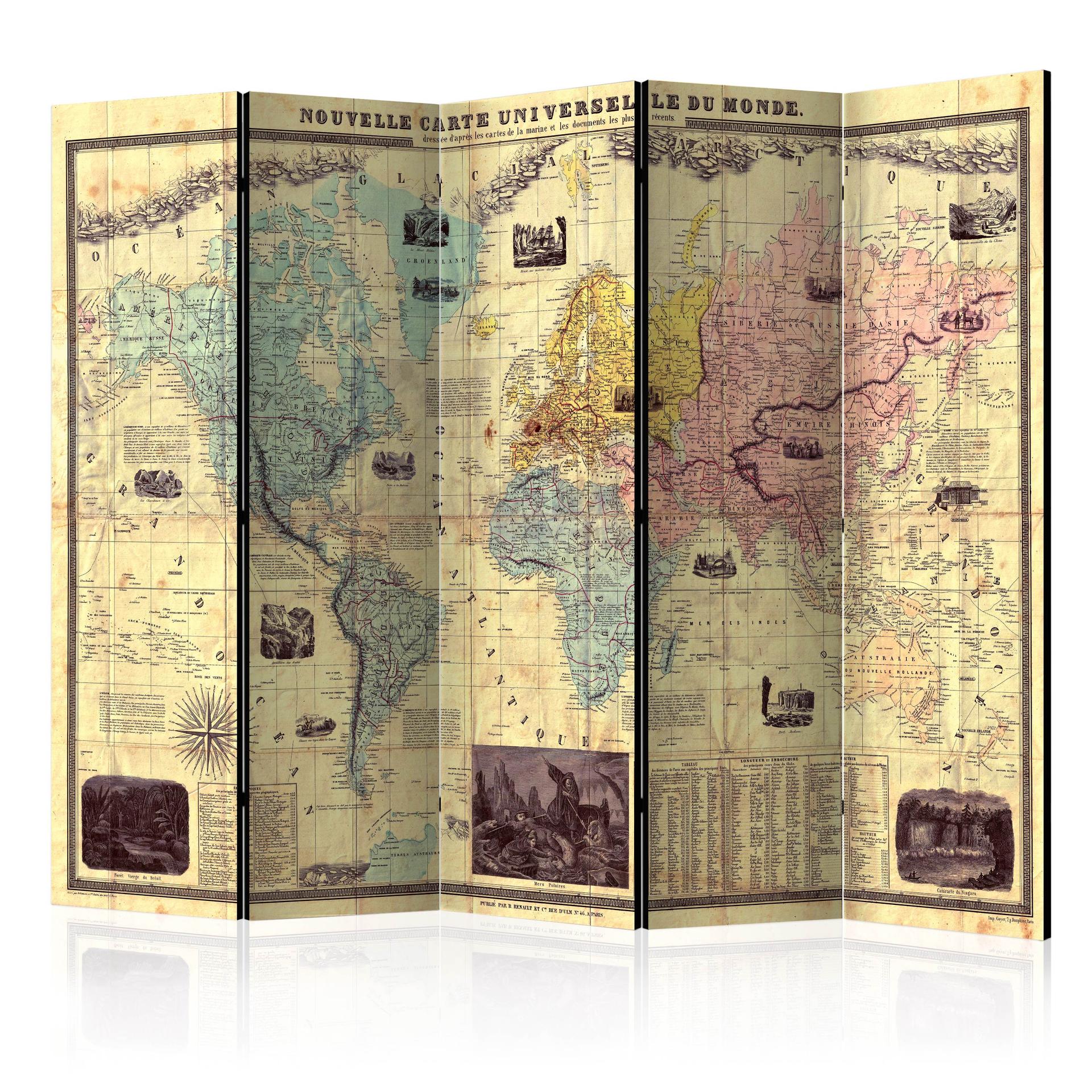Skærm til rumopdeling - Nouvelle Carte Du Monde, 5-delt - 225x172 cm