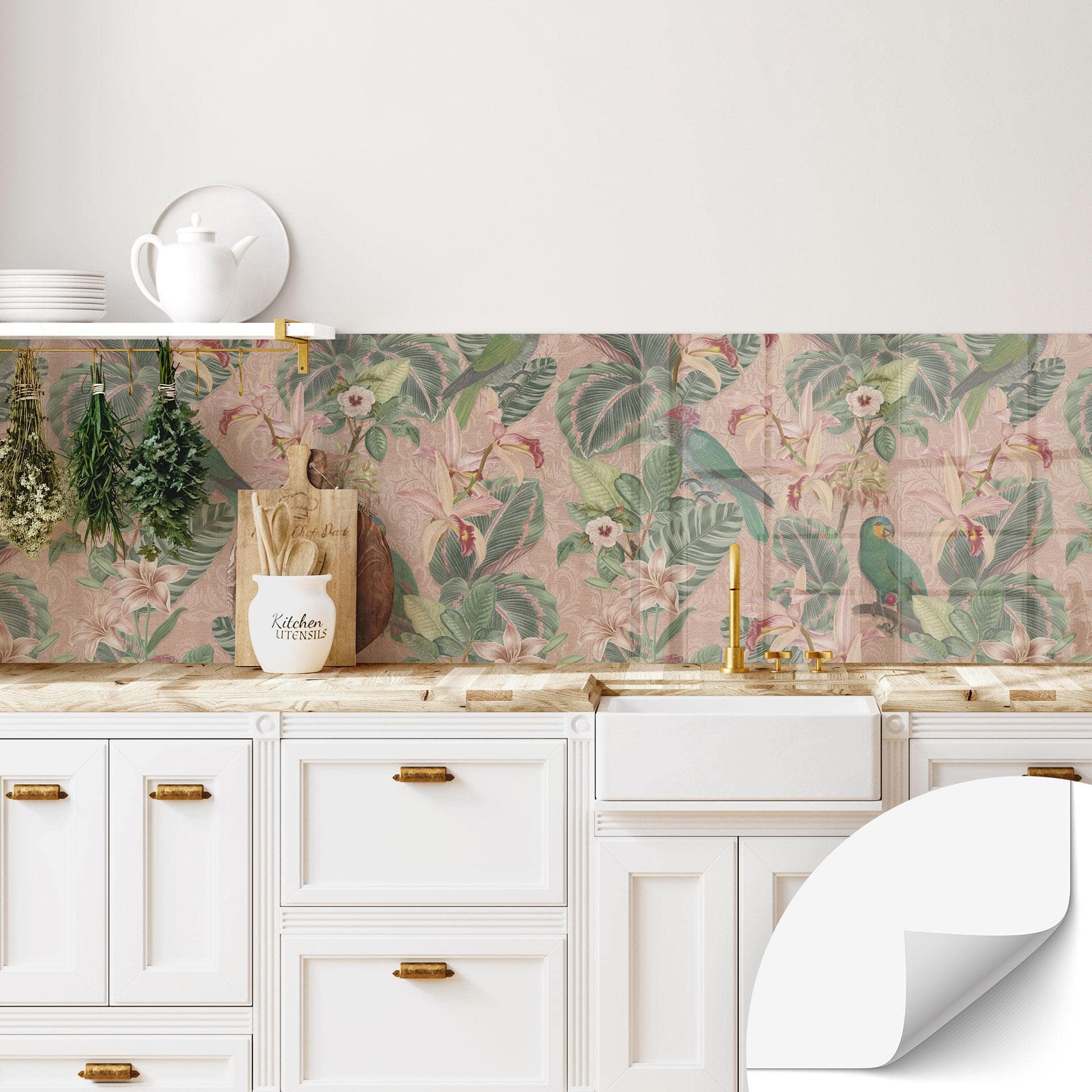 Selvklæbende stænkplade til køkken jungle med papegøjer pink - Bloomery Decor