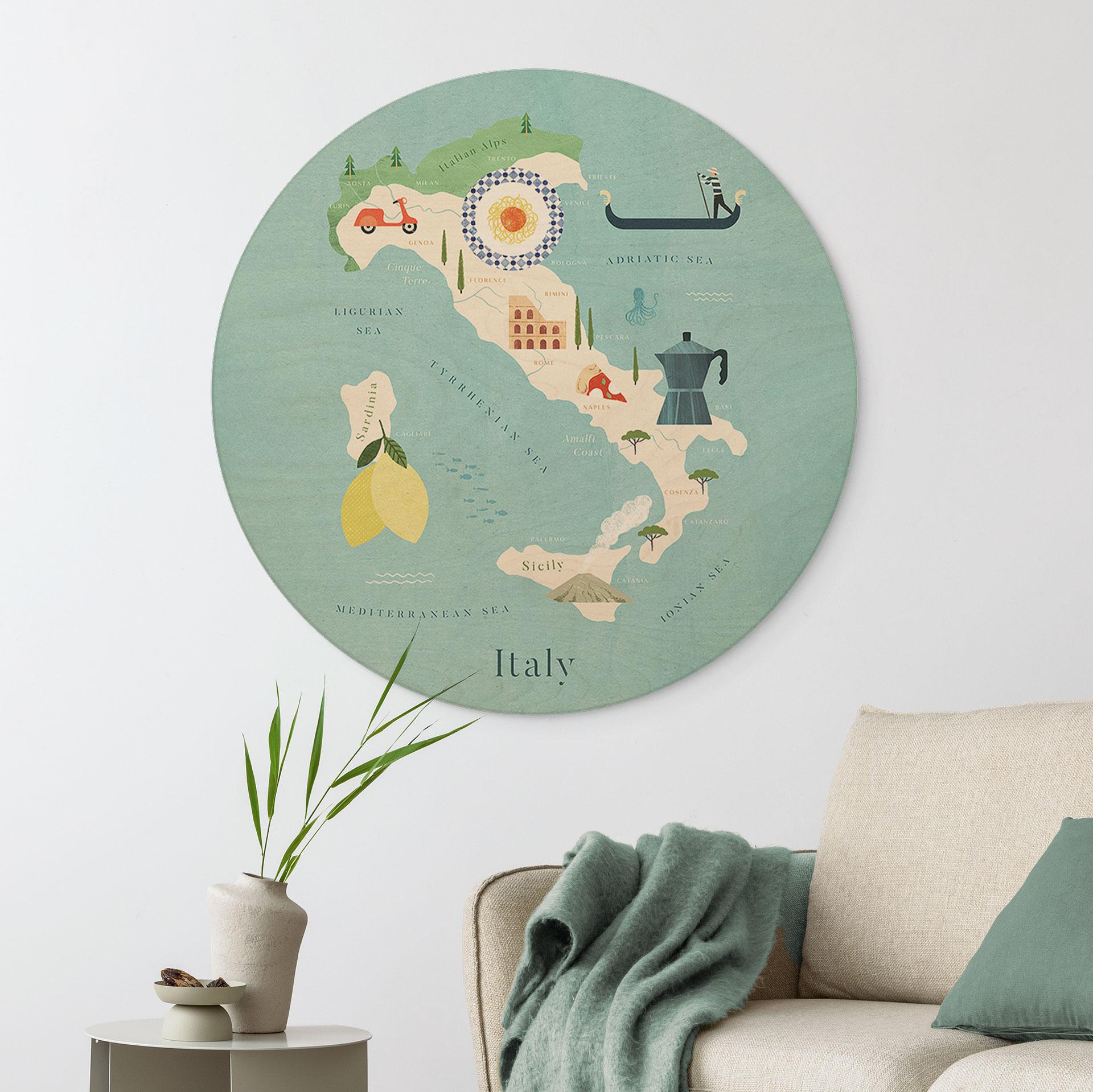 Væg cirkel træ Kort over Italien - Rivers